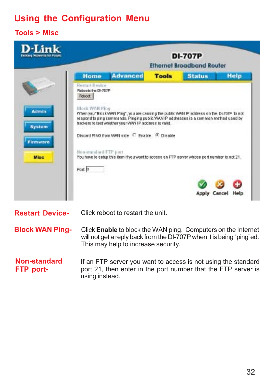 Using the configuration menu | D-Link DI-707P User Manual | Page 33 / 75