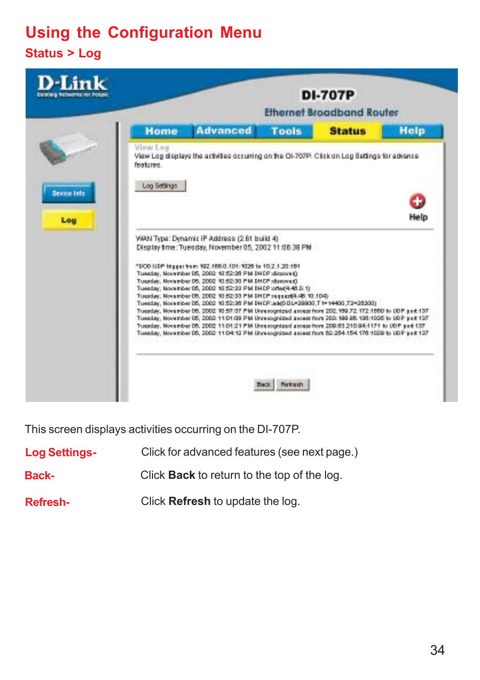 Using the configuration menu | D-Link DI-707P User Manual | Page 35 / 75