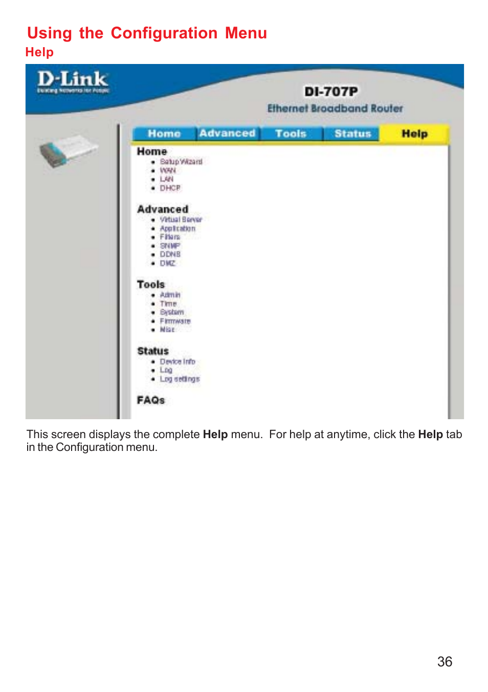 Using the configuration menu | D-Link DI-707P User Manual | Page 37 / 75