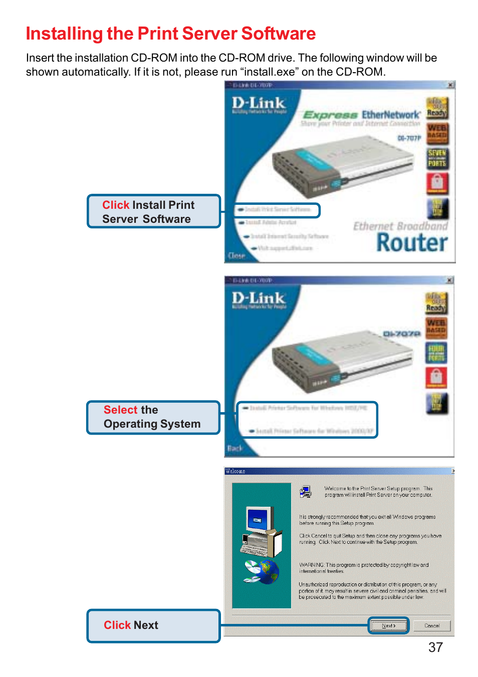 Installing the print server software | D-Link DI-707P User Manual | Page 38 / 75