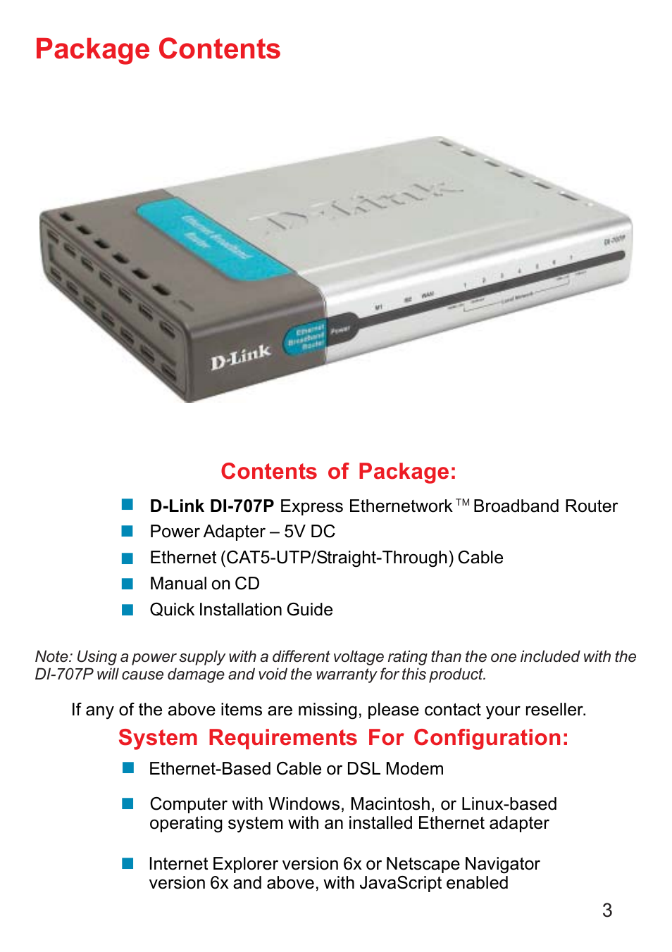 Package contents, Contents of package, System requirements for configuration | D-Link DI-707P User Manual | Page 4 / 75