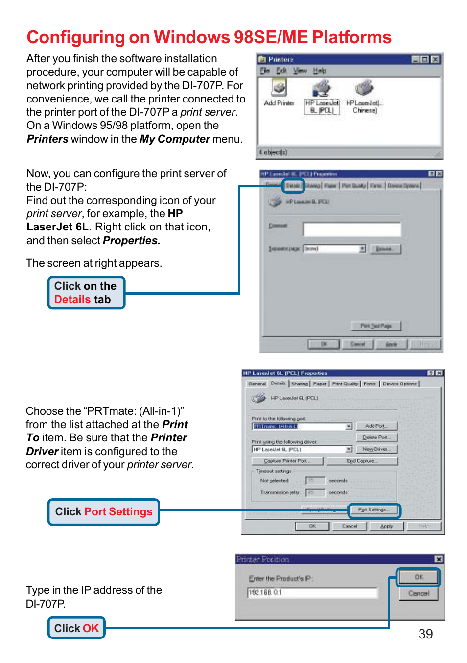 Configuring on windows 98se/me, Configuring on windows 98se/me platforms | D-Link DI-707P User Manual | Page 40 / 75