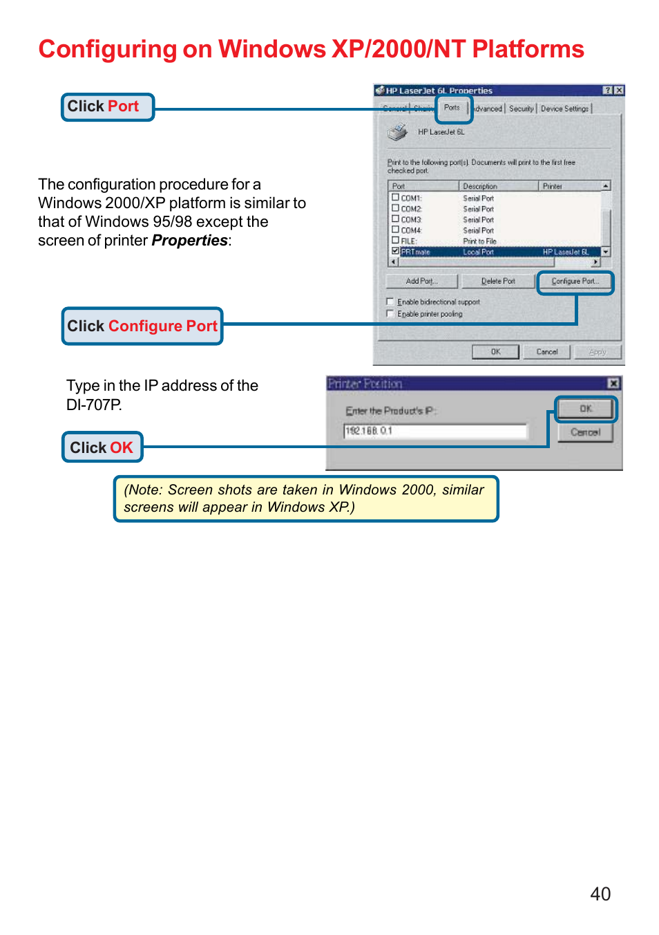 Configuring on windows xp/2000/nt, Configuring on windows xp/2000/nt platforms | D-Link DI-707P User Manual | Page 41 / 75