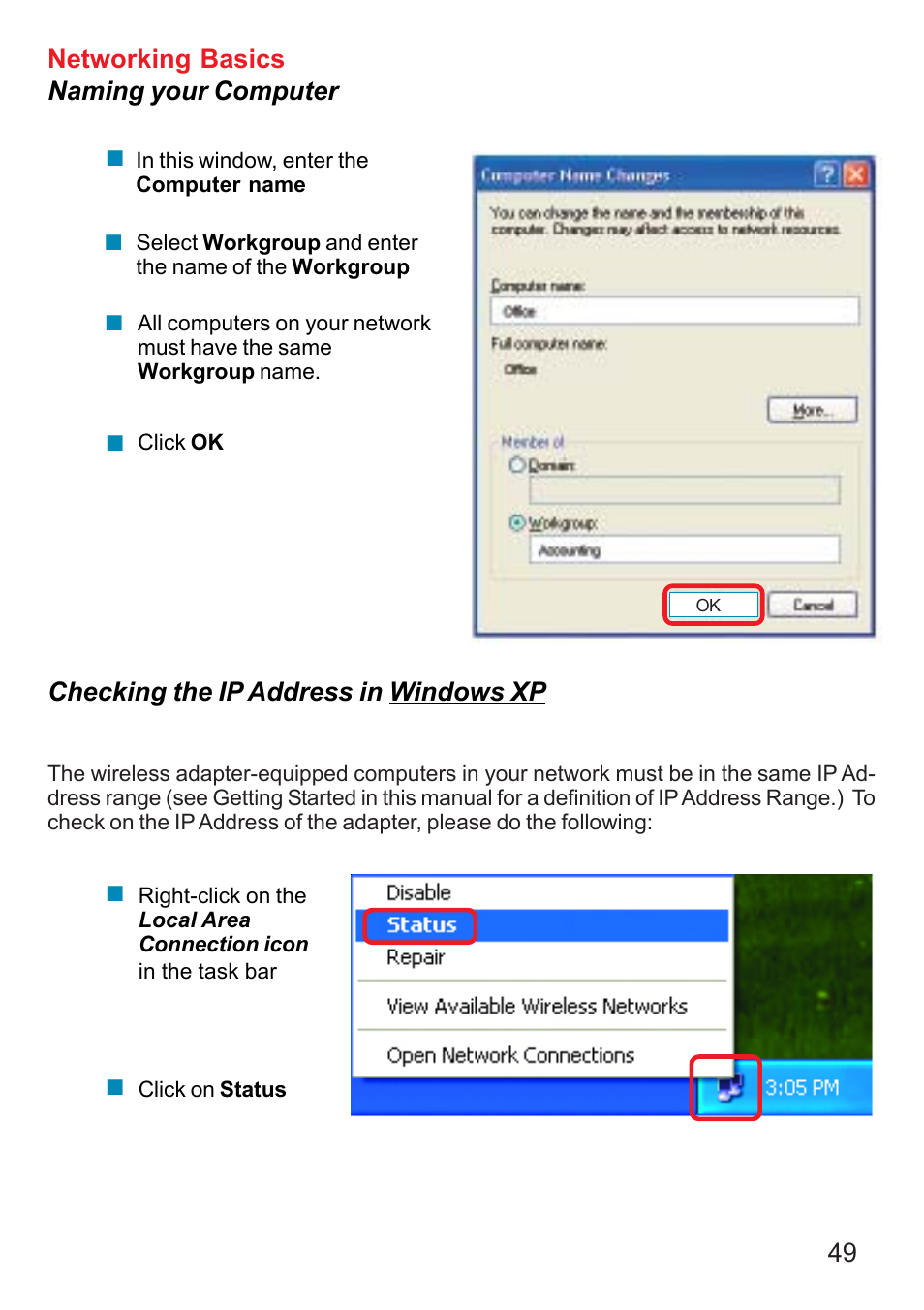 49 networking basics naming your computer, Checking the ip address in windows xp | D-Link DI-707P User Manual | Page 50 / 75