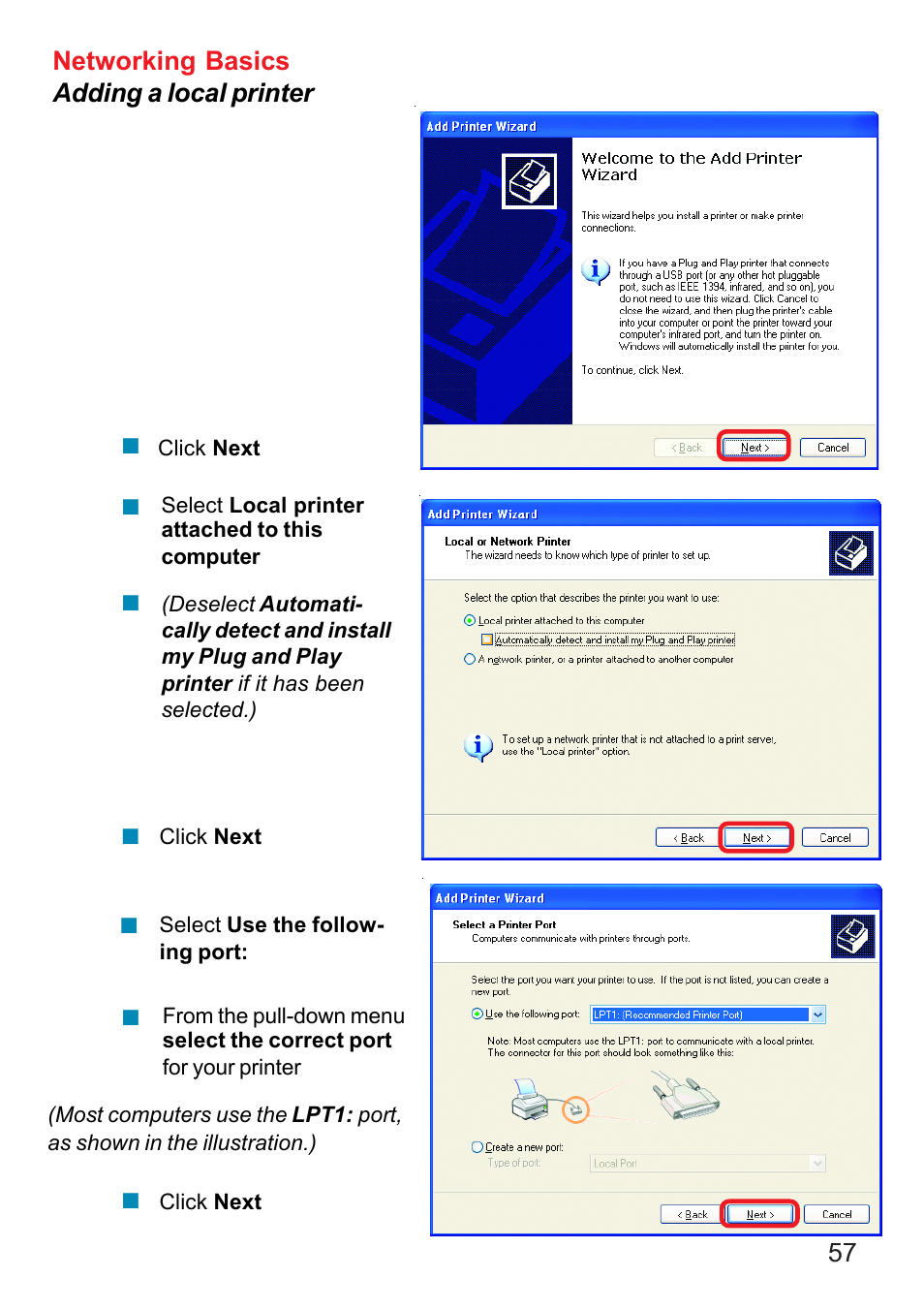 57 networking basics adding a local printer | D-Link DI-707P User Manual | Page 58 / 75