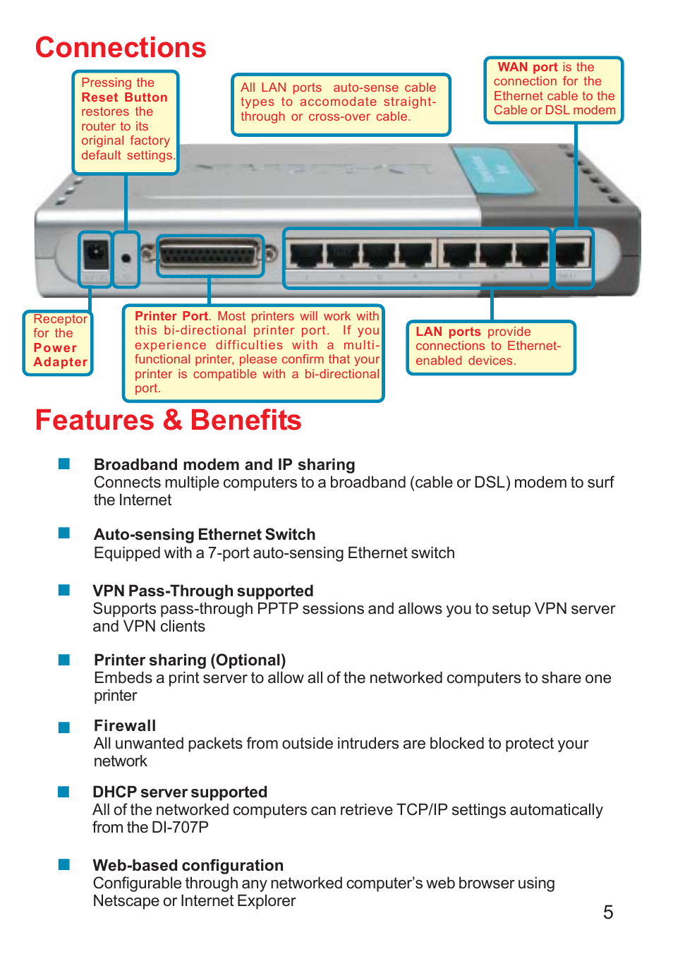 Connections, Features & benefits | D-Link DI-707P User Manual | Page 6 / 75