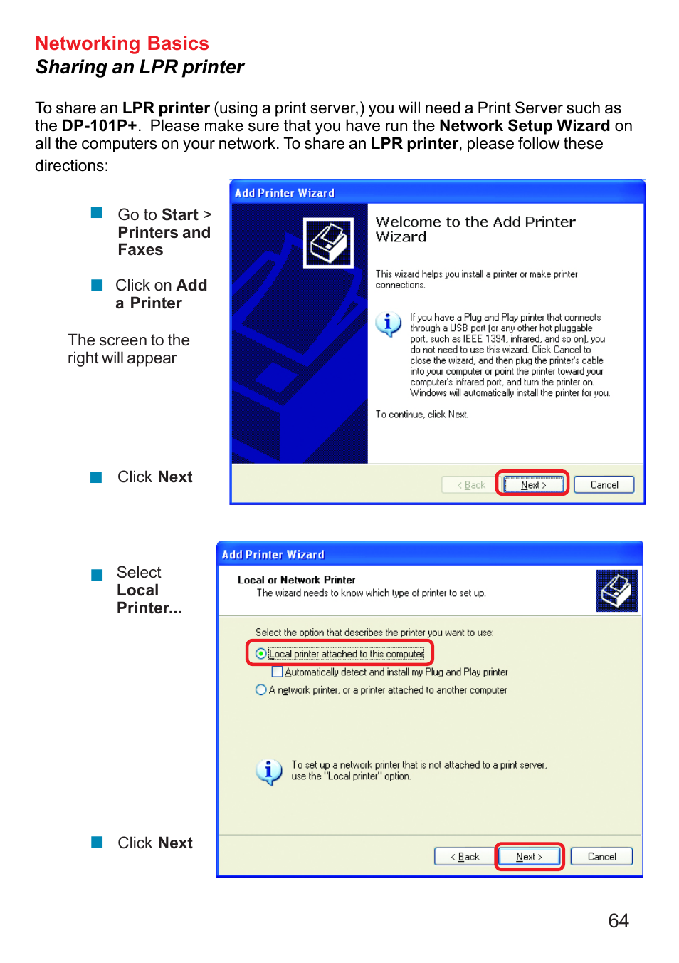 64 networking basics sharing an lpr printer | D-Link DI-707P User Manual | Page 65 / 75