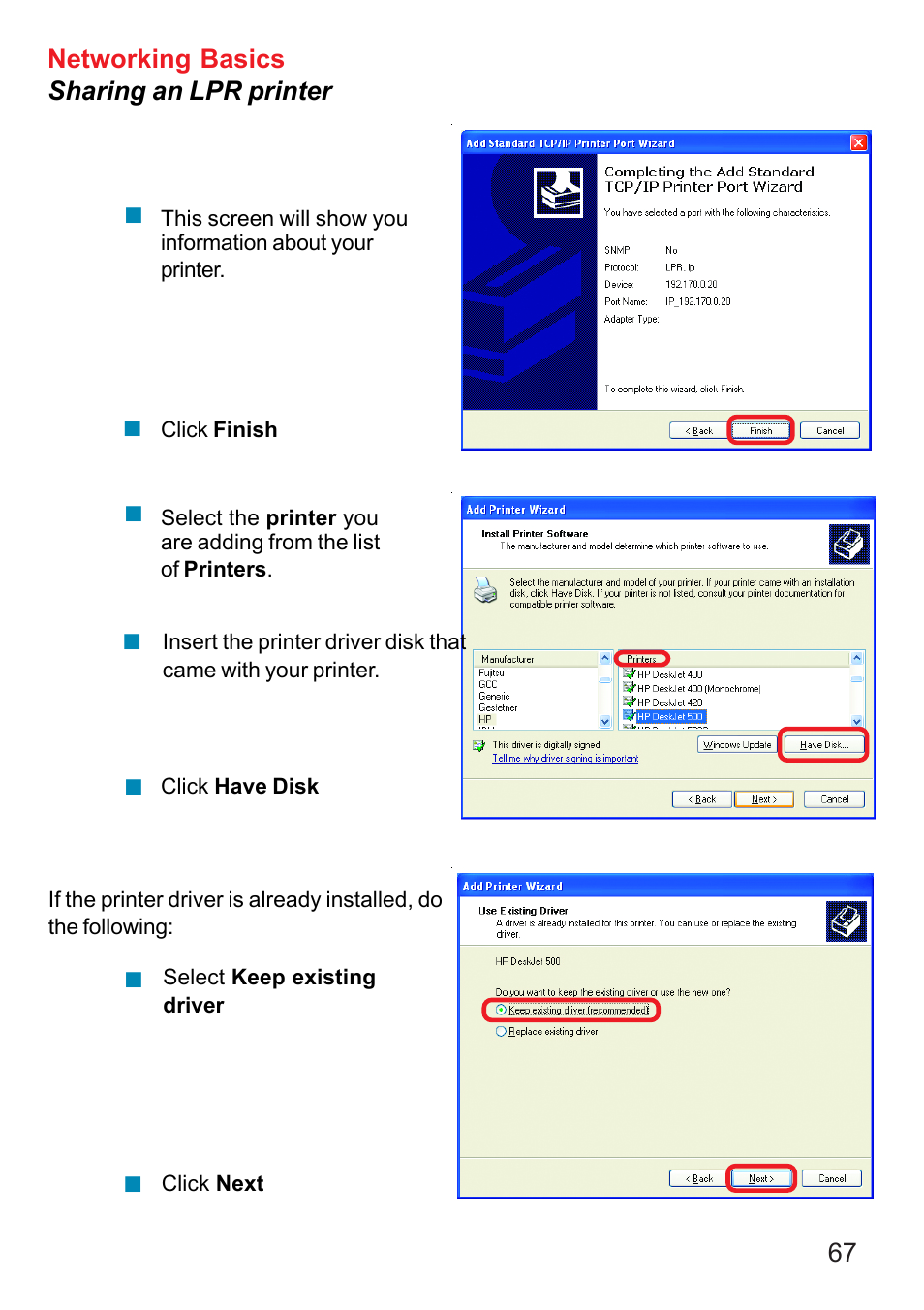 67 networking basics sharing an lpr printer | D-Link DI-707P User Manual | Page 68 / 75