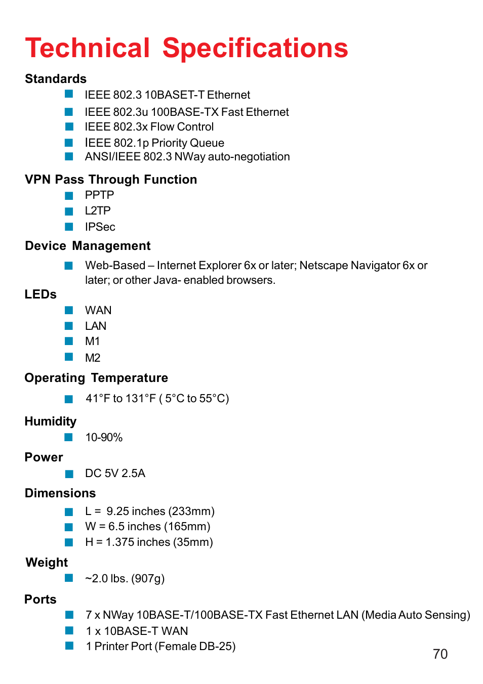 Technical specifications | D-Link DI-707P User Manual | Page 71 / 75