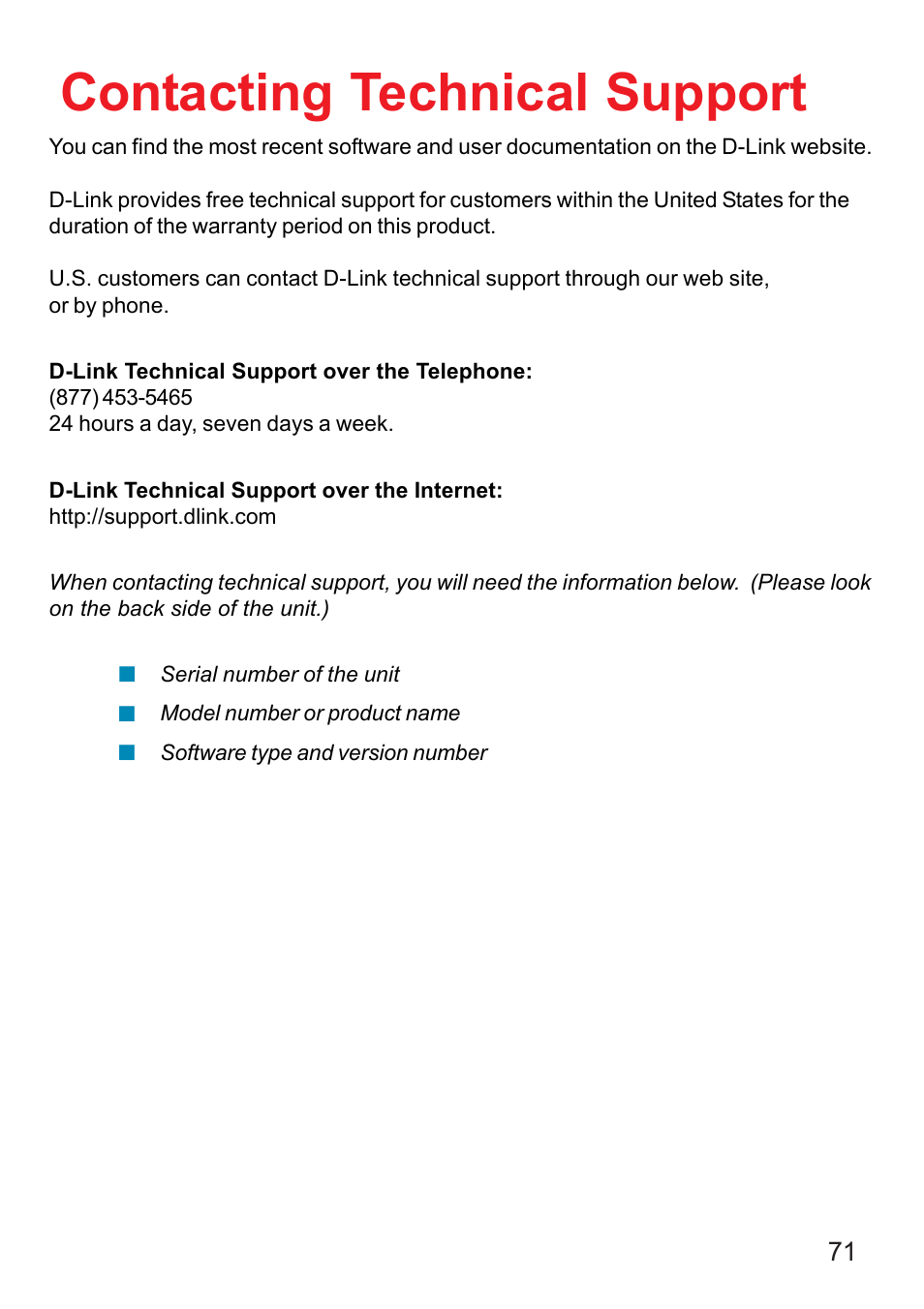 Contacting technical support | D-Link DI-707P User Manual | Page 72 / 75