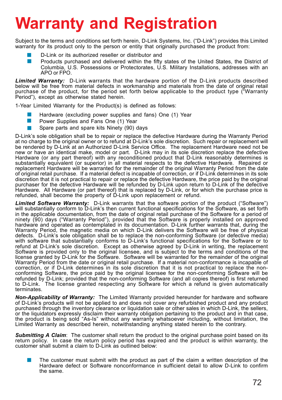 Warranty and registration | D-Link DI-707P User Manual | Page 73 / 75