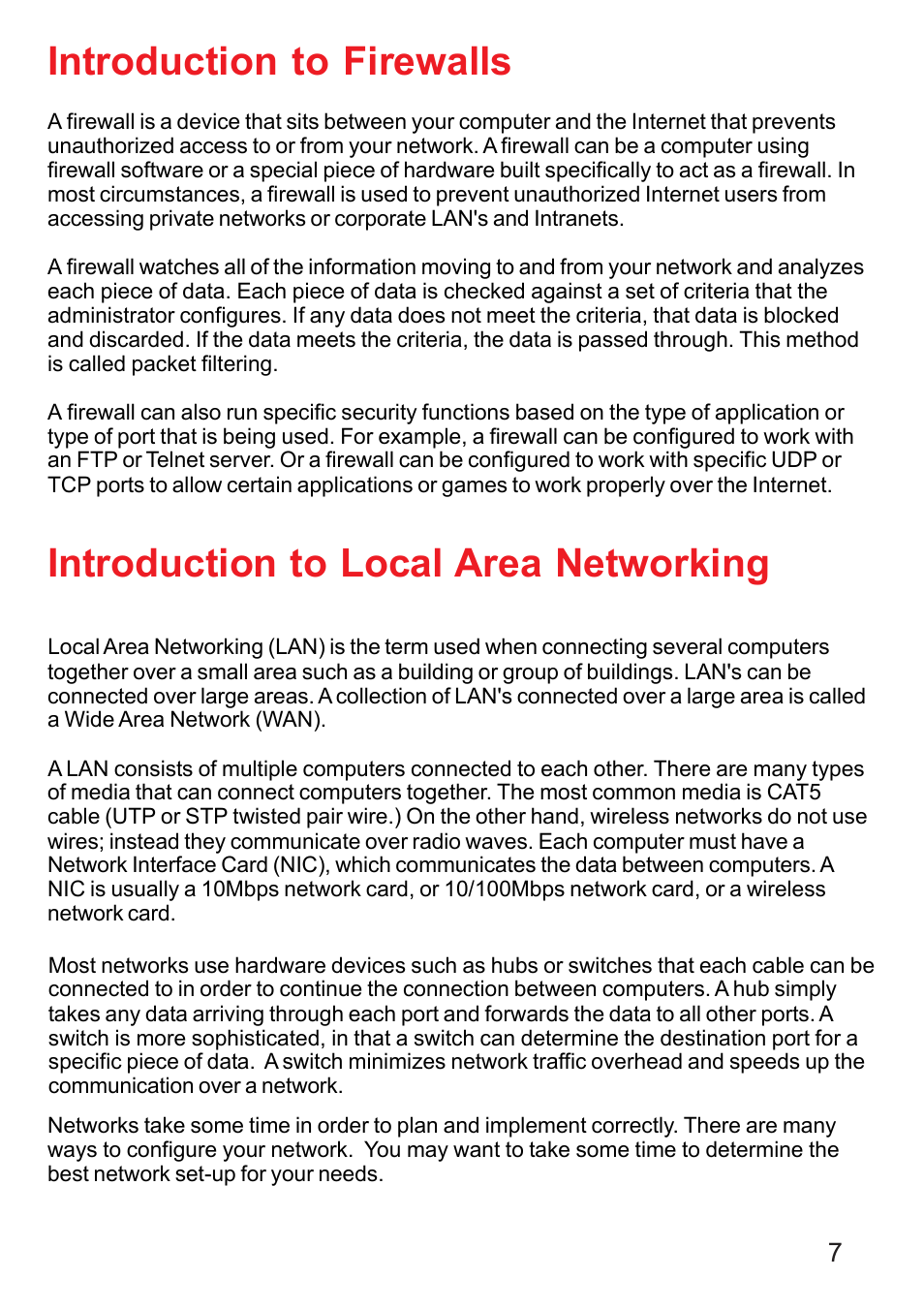 Intro to firewalls and lans, Introduction to firewalls, Introduction to local area networking | D-Link DI-707P User Manual | Page 8 / 75