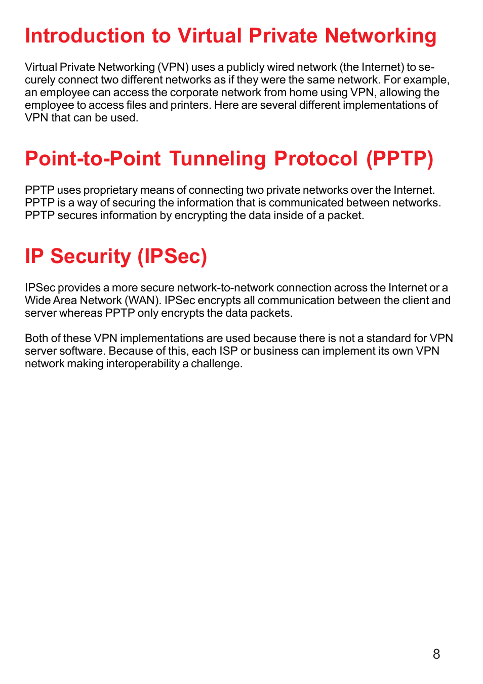 Intro to vpn, pptp, and ipsec, Introduction to virtual private networking, Point-to-point tunneling protocol (pptp) | Ip security (ipsec) | D-Link DI-707P User Manual | Page 9 / 75