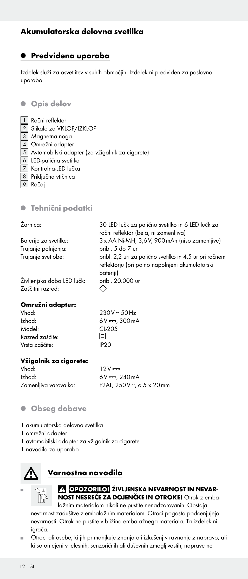 Akumulatorska delovna svetilka predvidena uporaba, Opis delov, Tehnični podatki | Obseg dobave, Varnostna navodila | Livarno Z31346-BS User Manual | Page 12 / 21
