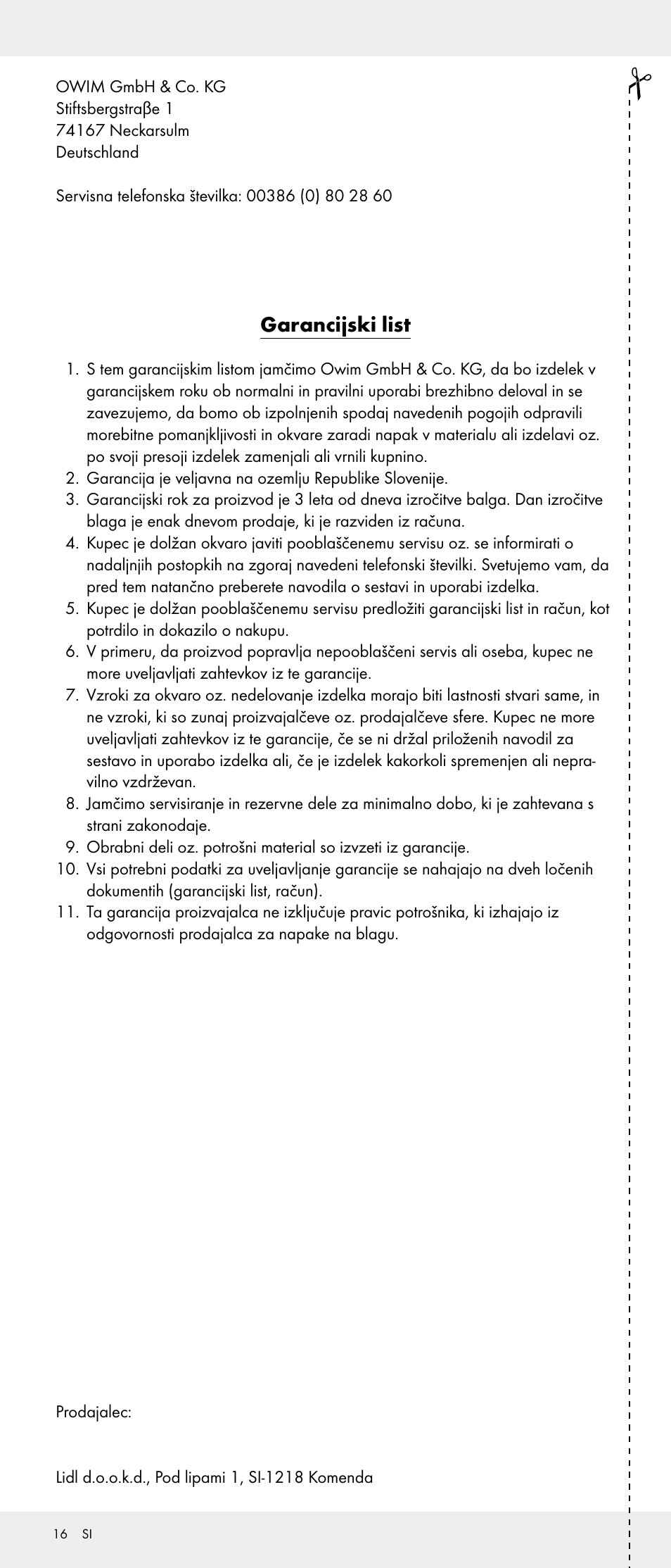 Garancijski list | Livarno Z31346-BS User Manual | Page 16 / 21