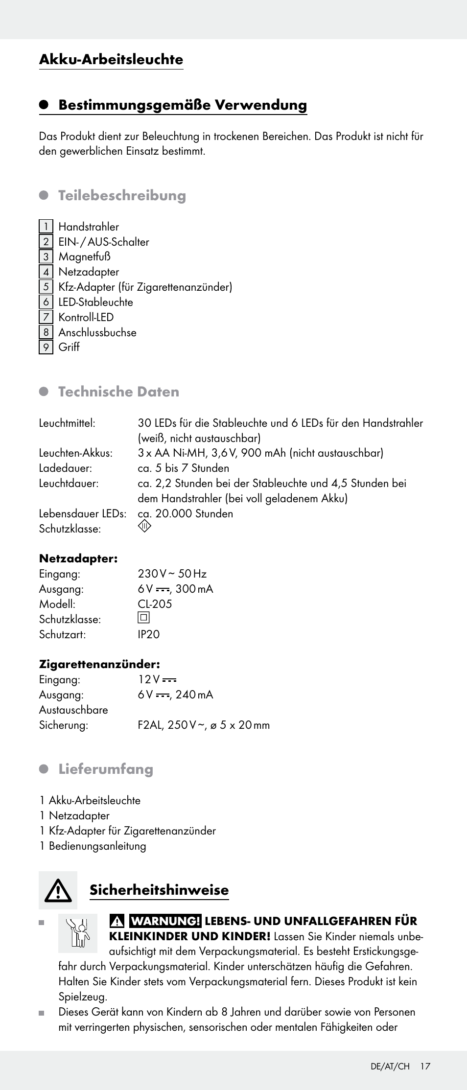 Akku-arbeitsleuchte, Bestimmungsgemäße verwendung, Teilebeschreibung | Technische daten, Lieferumfang, Sicherheitshinweise | Livarno Z31346-BS User Manual | Page 17 / 21