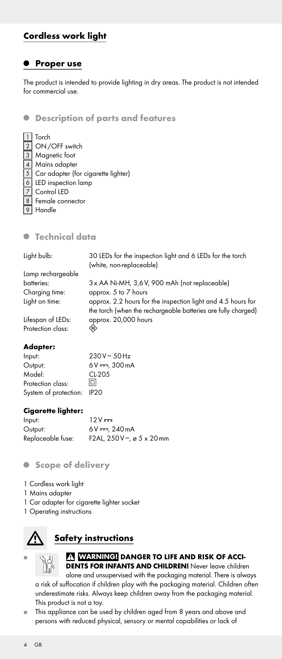 Cordless work light, Proper use, Description of parts and features | Technical data, Scope of delivery, Safety instructions | Livarno Z31346-BS User Manual | Page 4 / 21