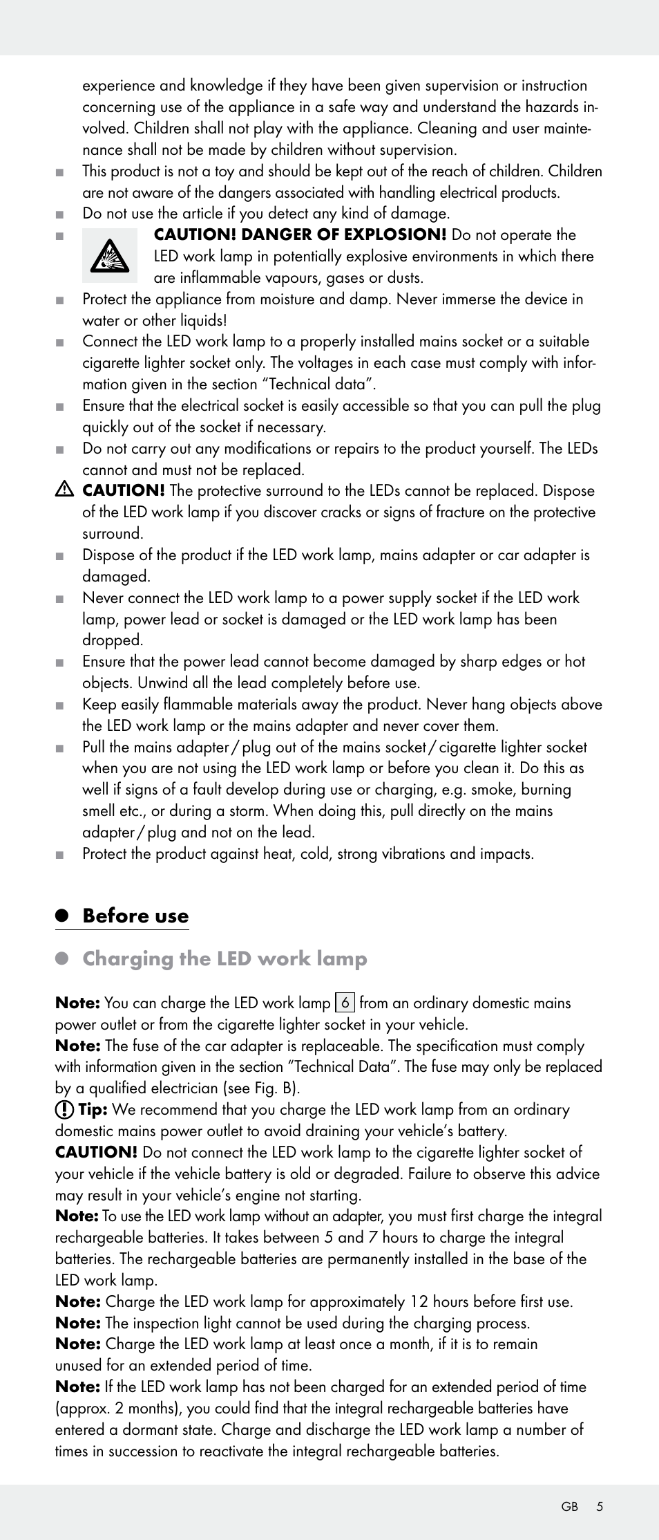 Before use, Charging the led work lamp | Livarno Z31346-BS User Manual | Page 5 / 21