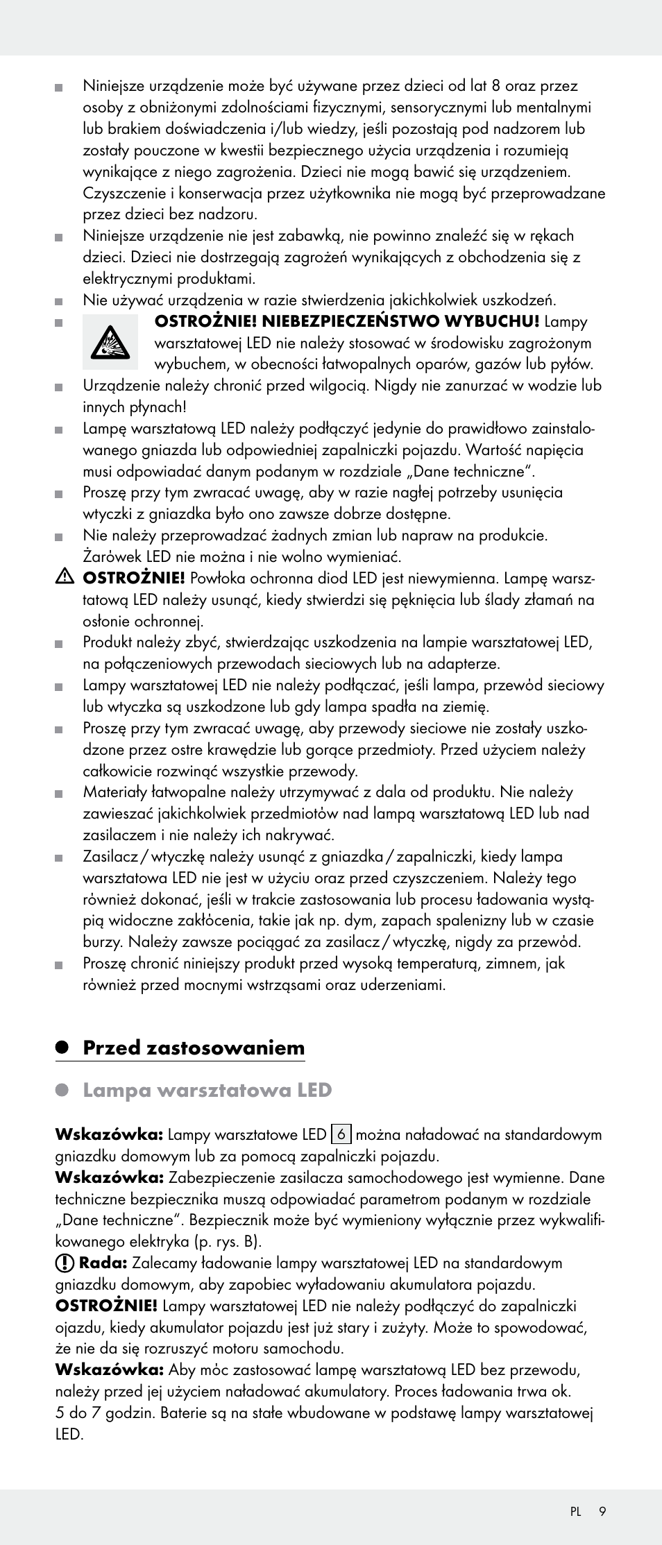 Przed zastosowaniem, Lampa warsztatowa led | Livarno Z31346-BS User Manual | Page 9 / 21