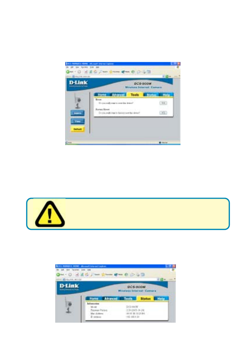 Dcs-900w configuration, Status, Tools > default | D-Link DCS-900W User Manual | Page 38 / 98