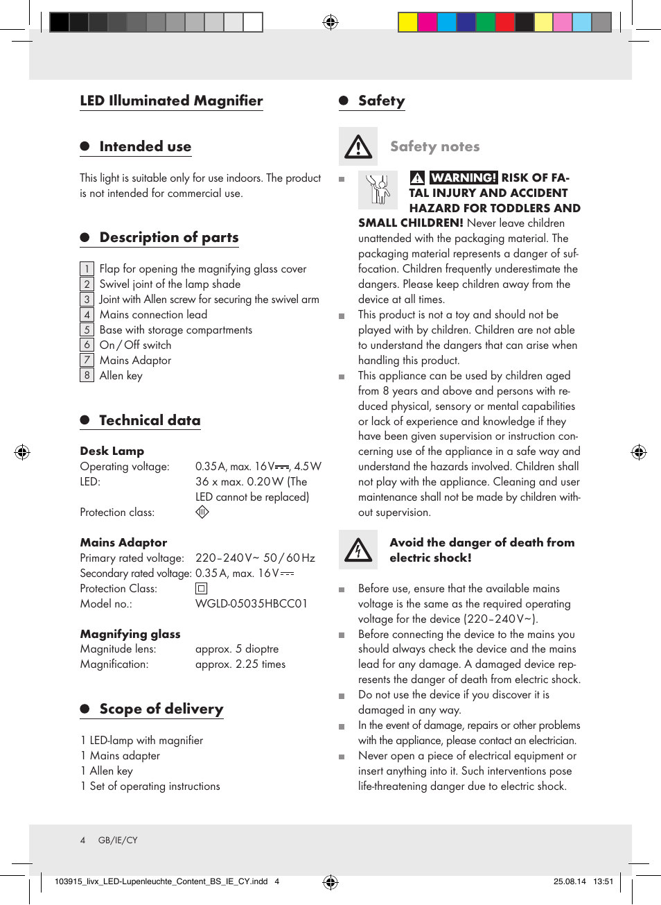 Led illuminated magnifier intended use, Description of parts, Technical data | Scope of delivery | Livarno 103915-14-01-BS User Manual | Page 4 / 10