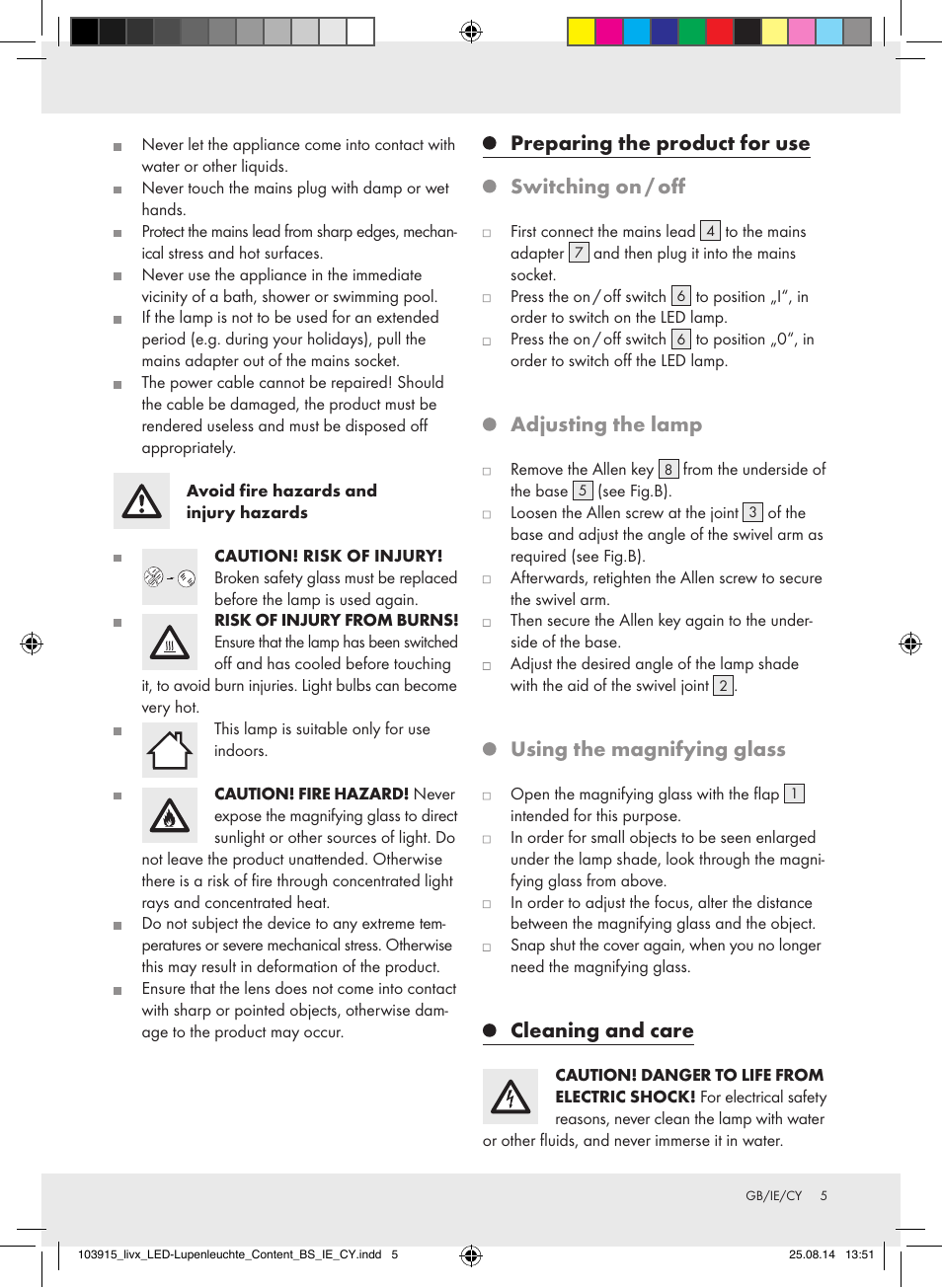 Preparing the product for use switching on / off, Adjusting the lamp, Using the magnifying glass | Cleaning and care | Livarno 103915-14-01-BS User Manual | Page 5 / 10