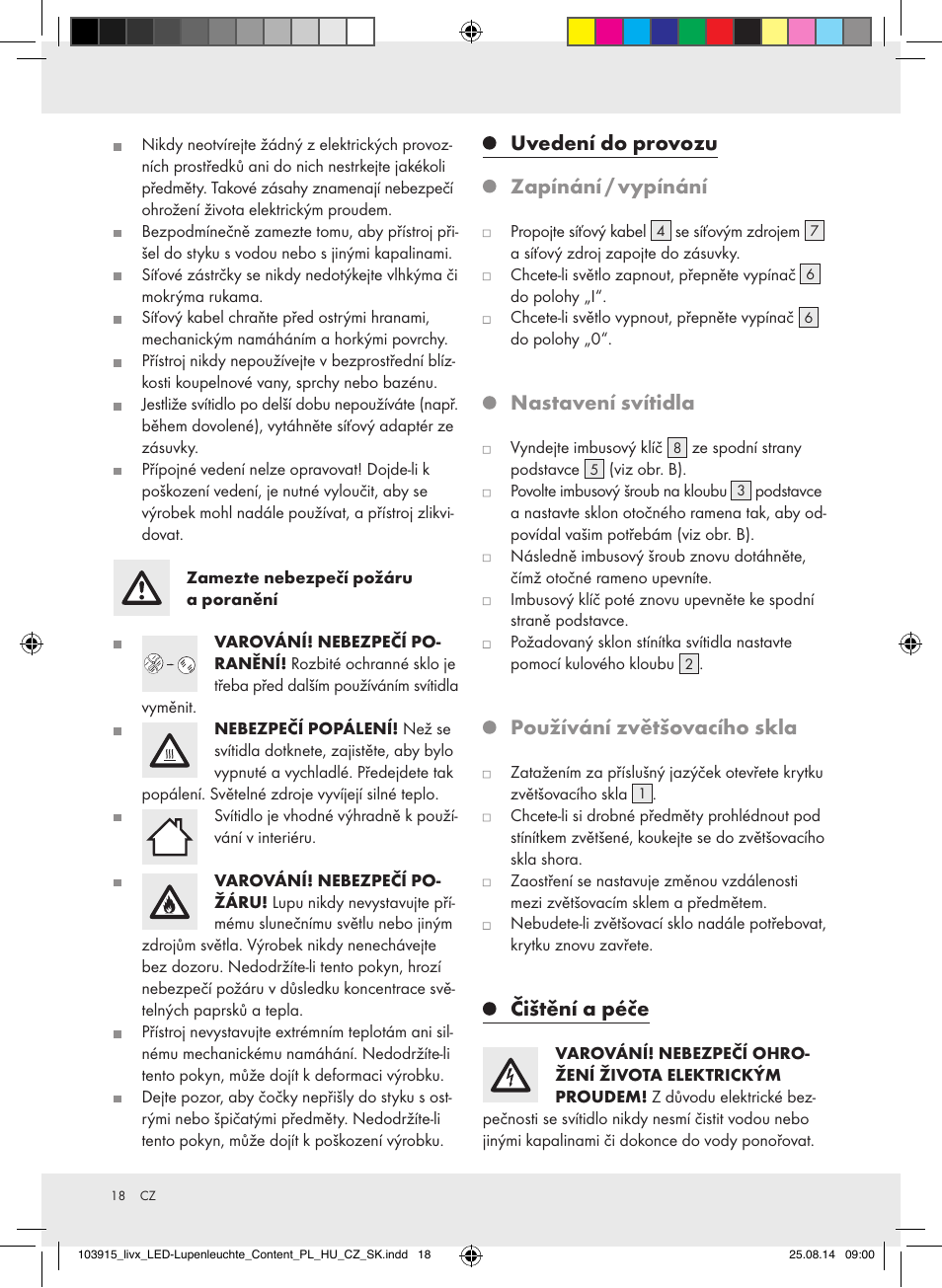 Uvedení do provozu, Zapínání / vypínání, Nastavení svítidla | Používání zvětšovacího skla, Čištění a péče | Livarno 103915-14-01-BS User Manual | Page 18 / 26