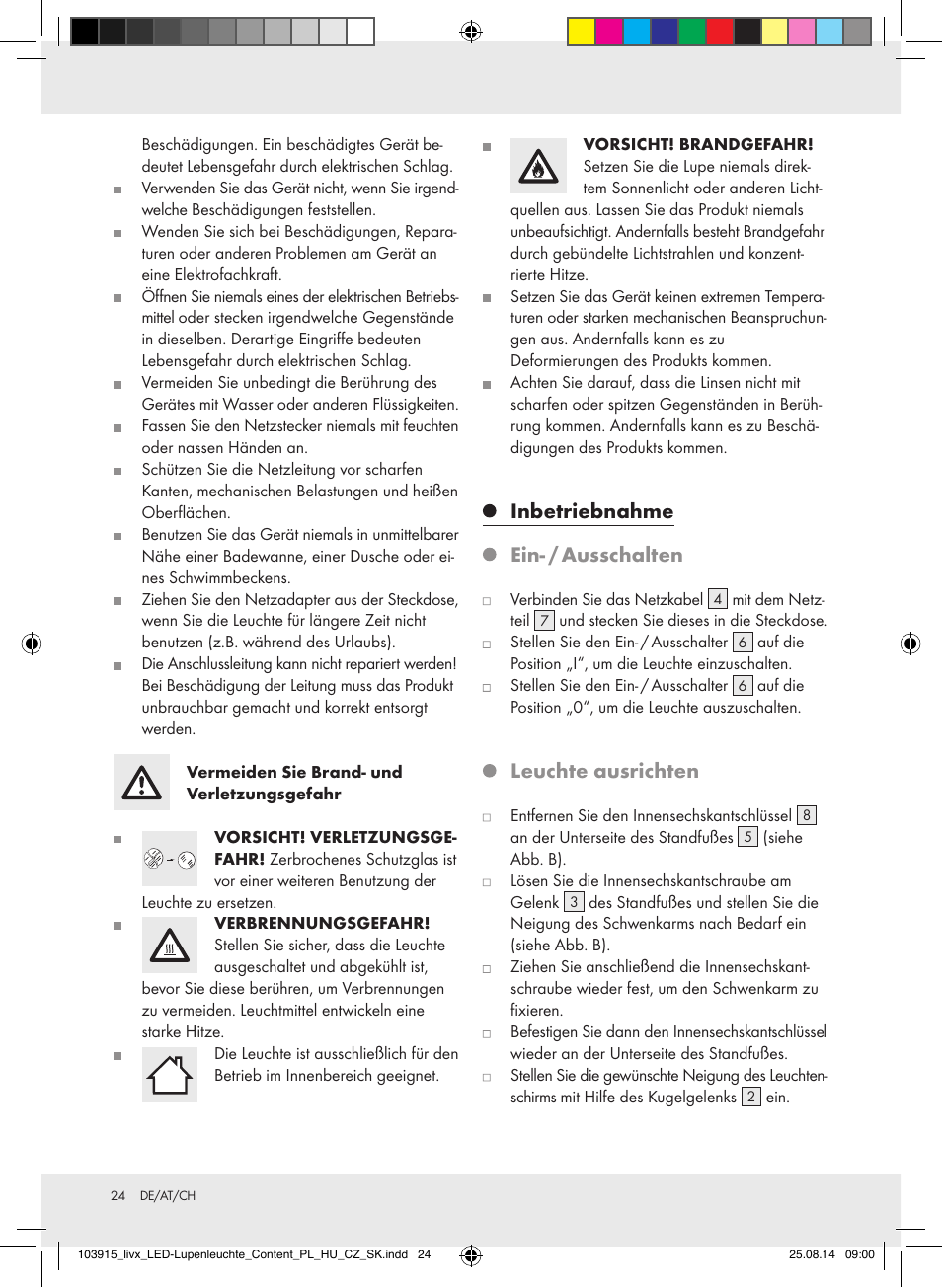 Inbetriebnahme, Ein- / ausschalten, Leuchte ausrichten | Livarno 103915-14-01-BS User Manual | Page 24 / 26