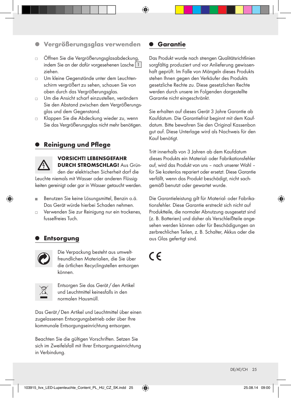 Vergrößerungsglas verwenden, Reinigung und pflege, Entsorgung | Garantie | Livarno 103915-14-01-BS User Manual | Page 25 / 26