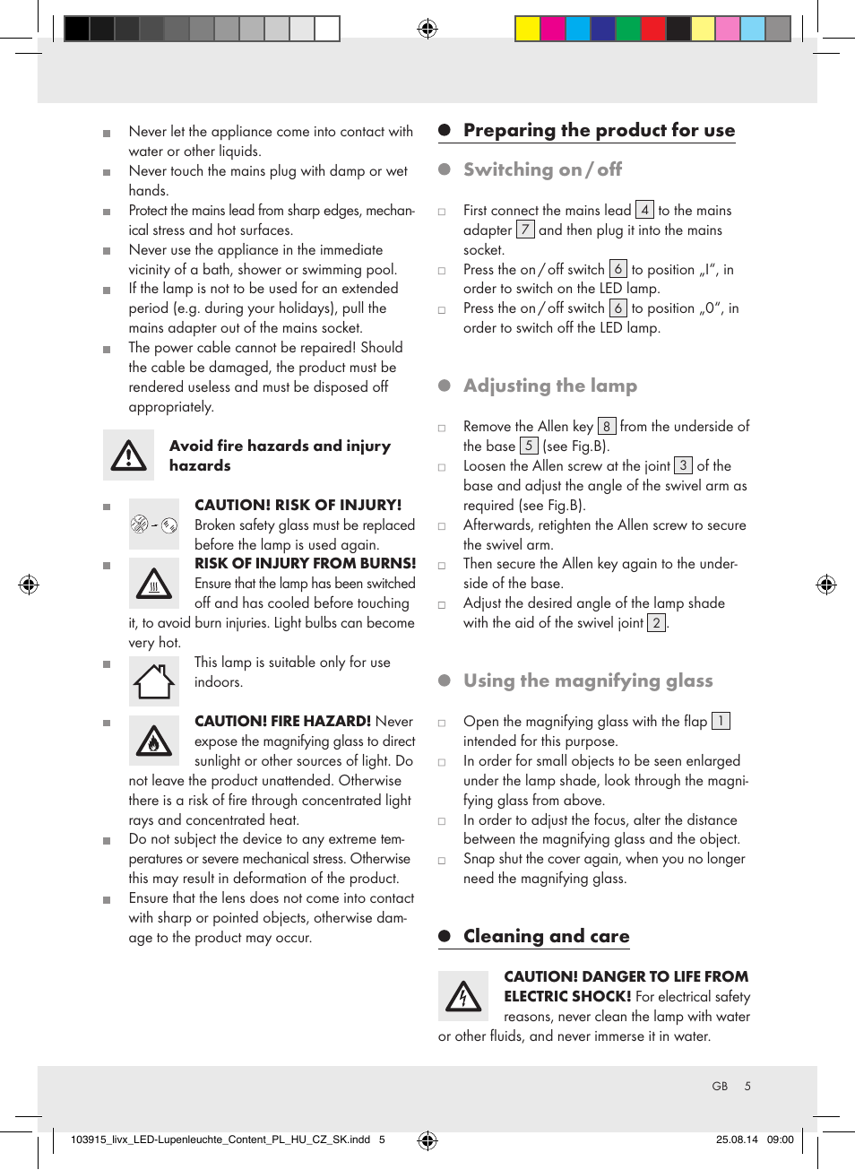 Preparing the product for use switching on / off, Adjusting the lamp, Using the magnifying glass | Cleaning and care | Livarno 103915-14-01-BS User Manual | Page 5 / 26