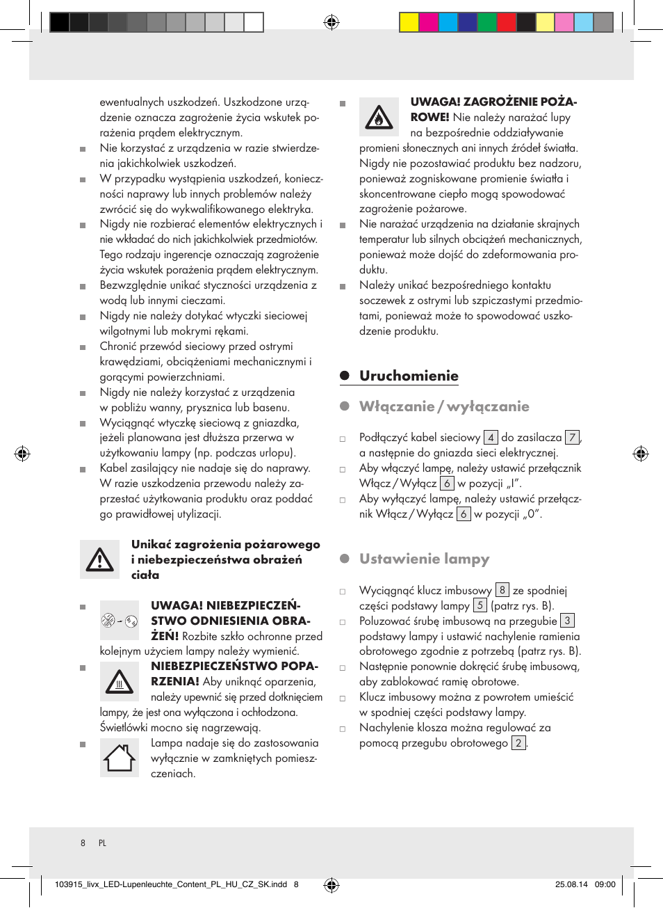 Uruchomienie, Włączanie / wyłączanie, Ustawienie lampy | Livarno 103915-14-01-BS User Manual | Page 8 / 26