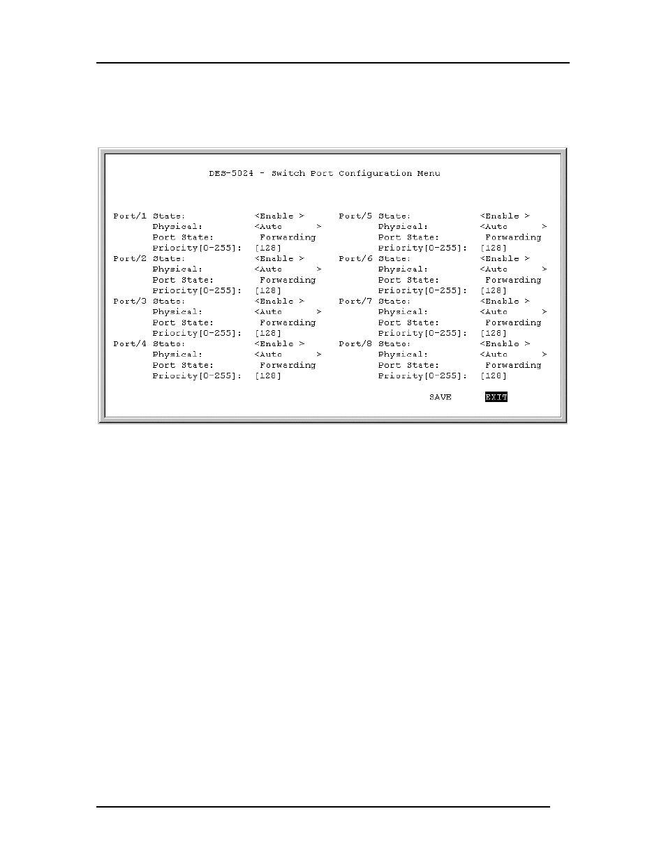 Switch port configuration menu | D-Link DES-5024 User Manual | Page 65 / 93
