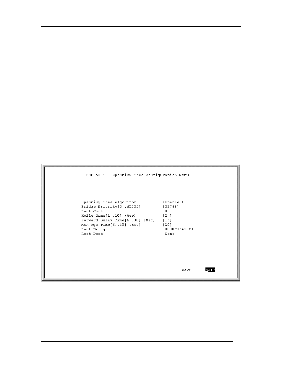 Spanning tree configuration, Sta operation levels, Spanning tree configuration menu | D-Link DES-5024 User Manual | Page 67 / 93