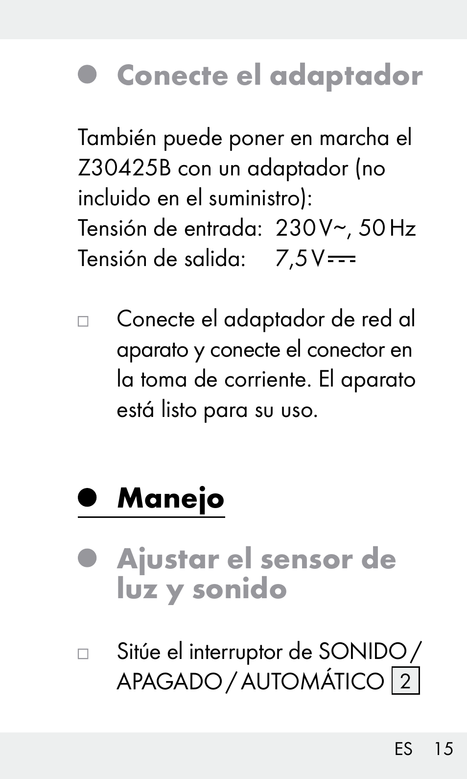 Conecte el adaptador, Manejo ajustar el sensor de luz y sonido | Livarno Z31603 User Manual | Page 15 / 84