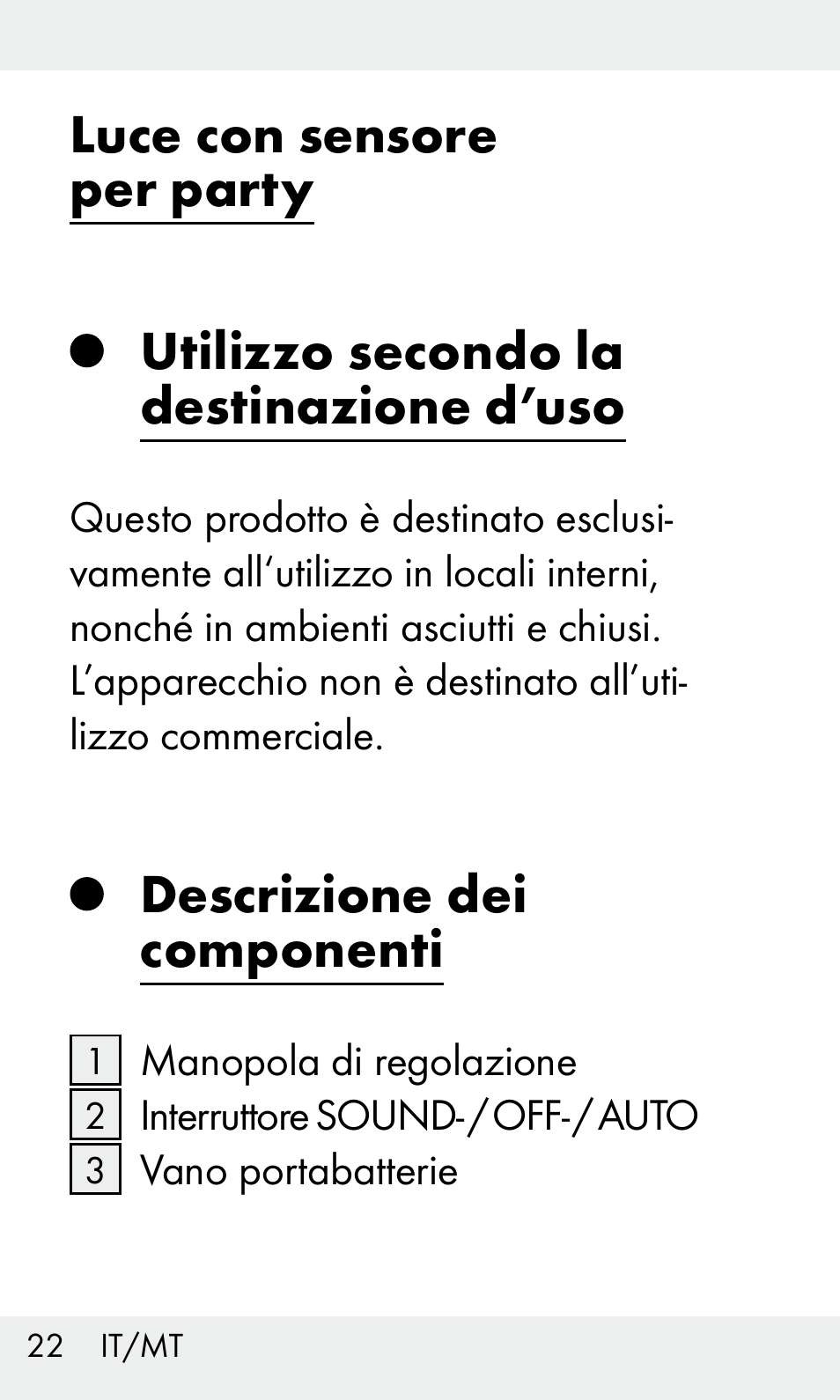 Luce con sensore per party, Utilizzo secondo la destinazione d’uso, Descrizione dei componenti | Livarno Z31603 User Manual | Page 22 / 84