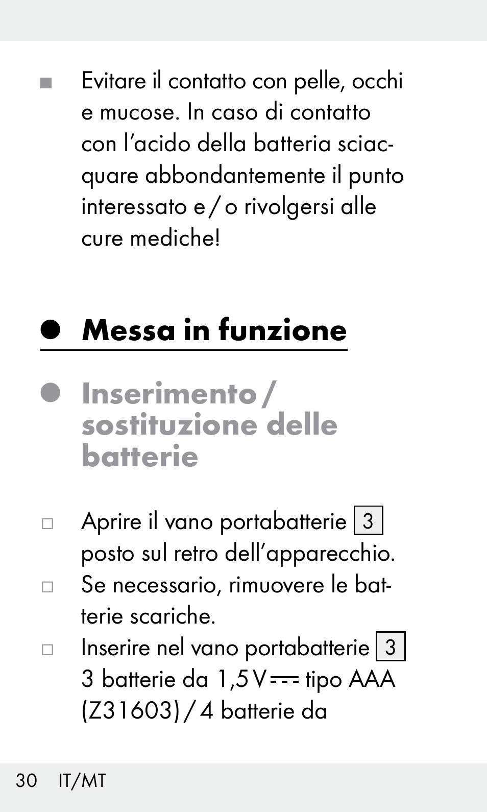 Messa in funzione, Inserimento / sostituzione delle batterie | Livarno Z31603 User Manual | Page 30 / 84