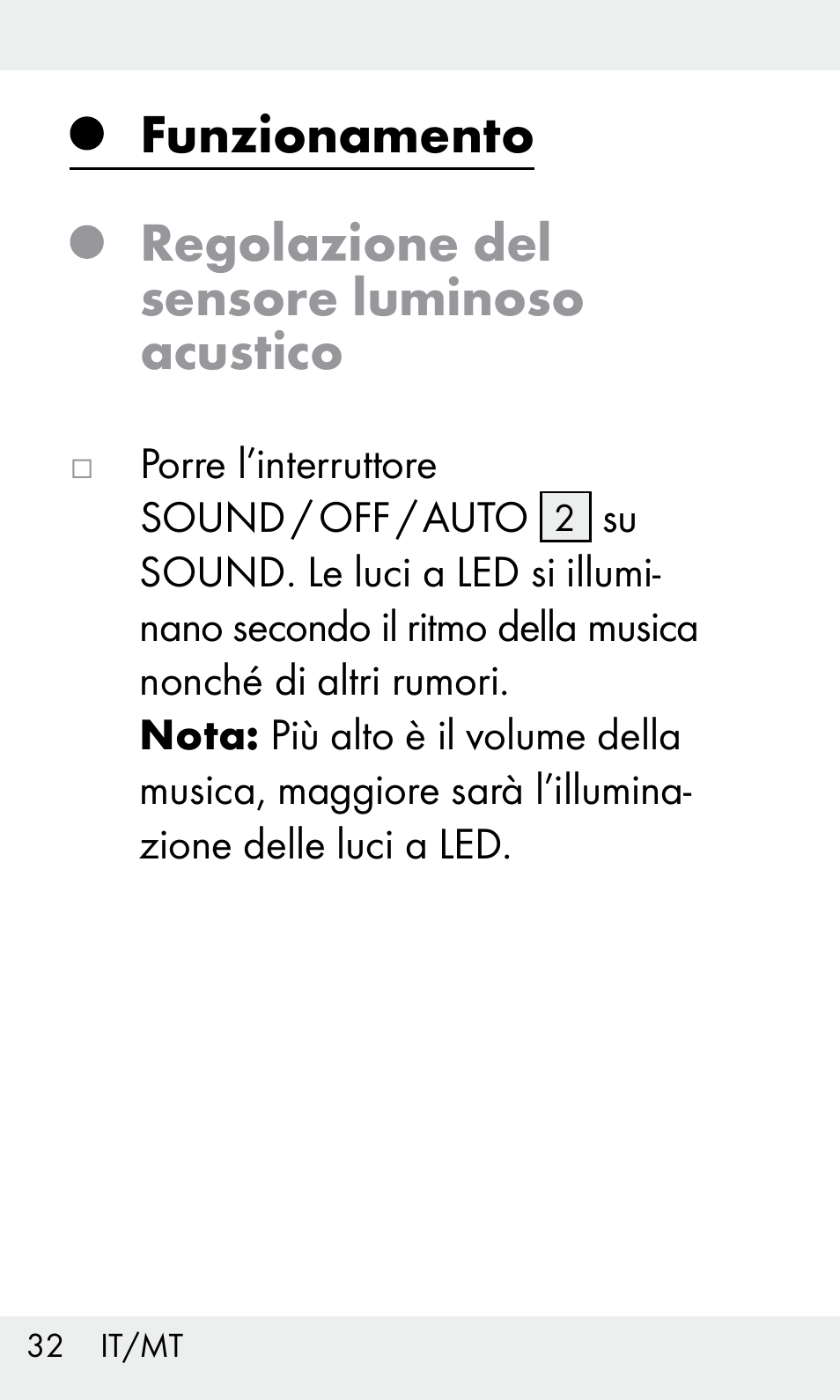 Funzionamento, Regolazione del sensore luminoso acustico | Livarno Z31603 User Manual | Page 32 / 84