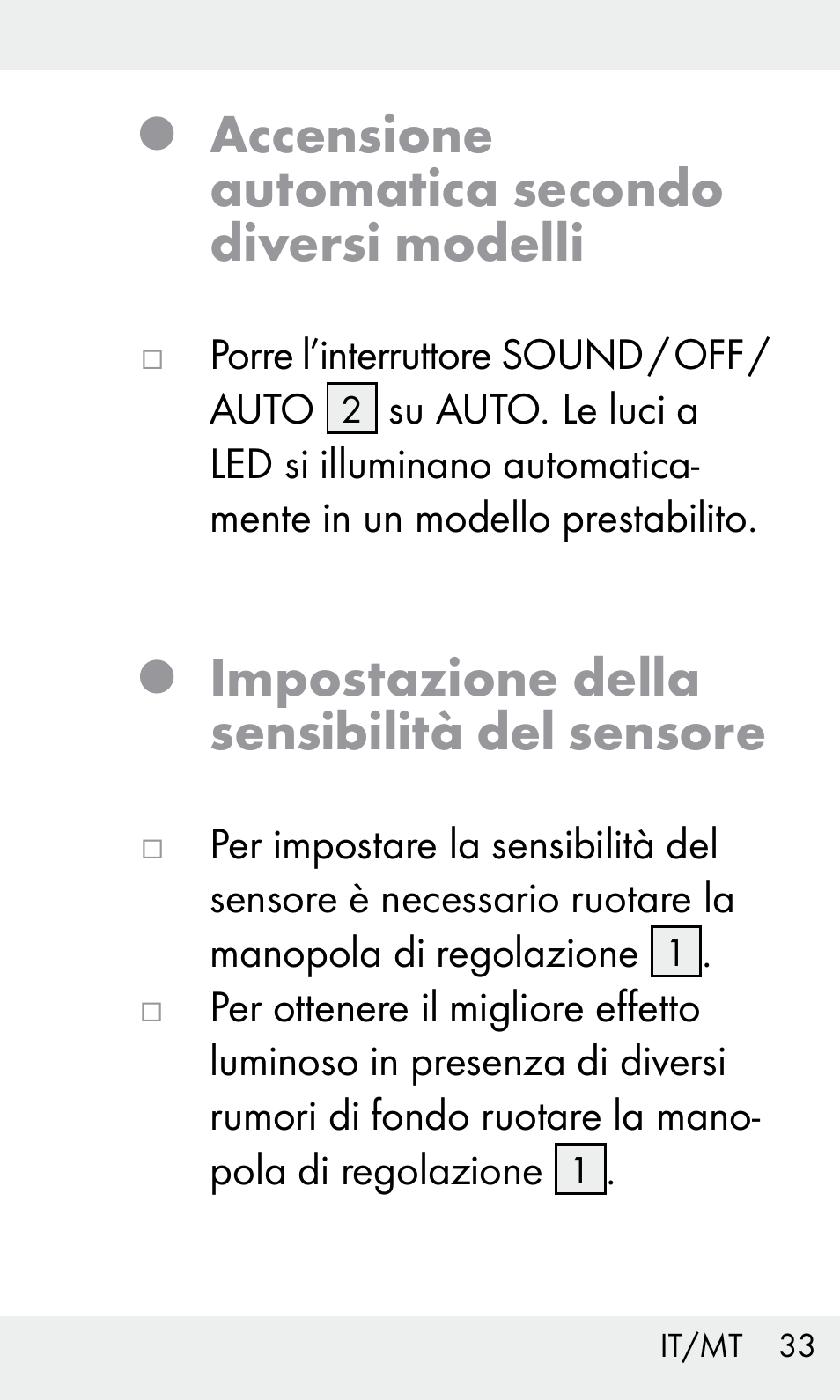 Accensione automatica secondo diversi modelli, Impostazione della sensibilità del sensore | Livarno Z31603 User Manual | Page 33 / 84