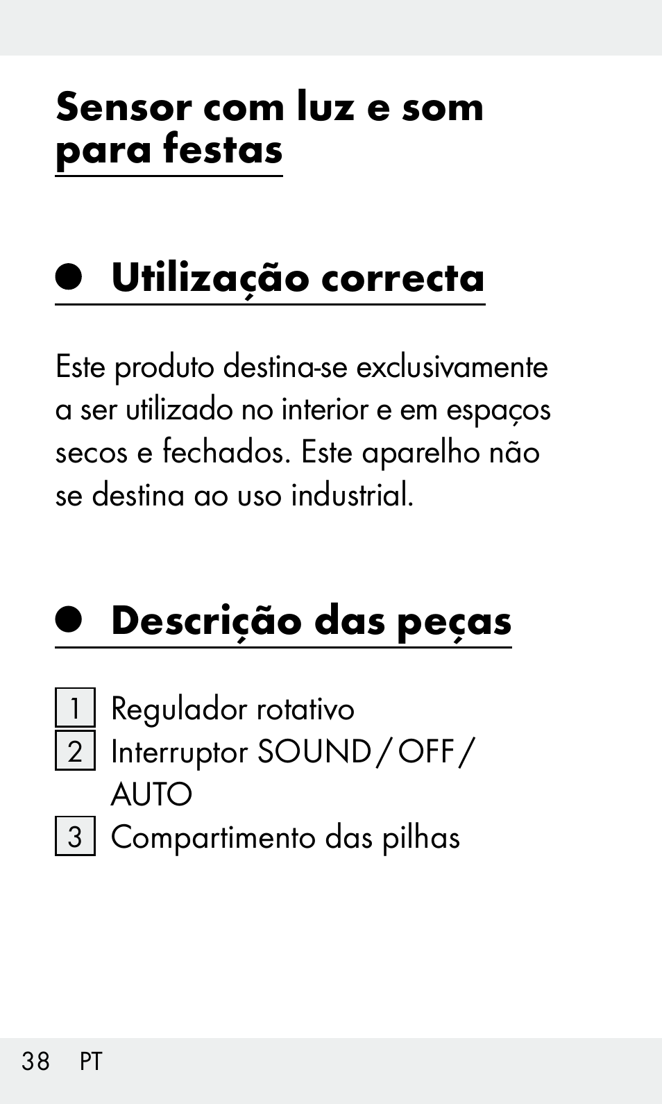 Sensor com luz e som para festas, Utilização correcta, Descrição das peças | Livarno Z31603 User Manual | Page 38 / 84