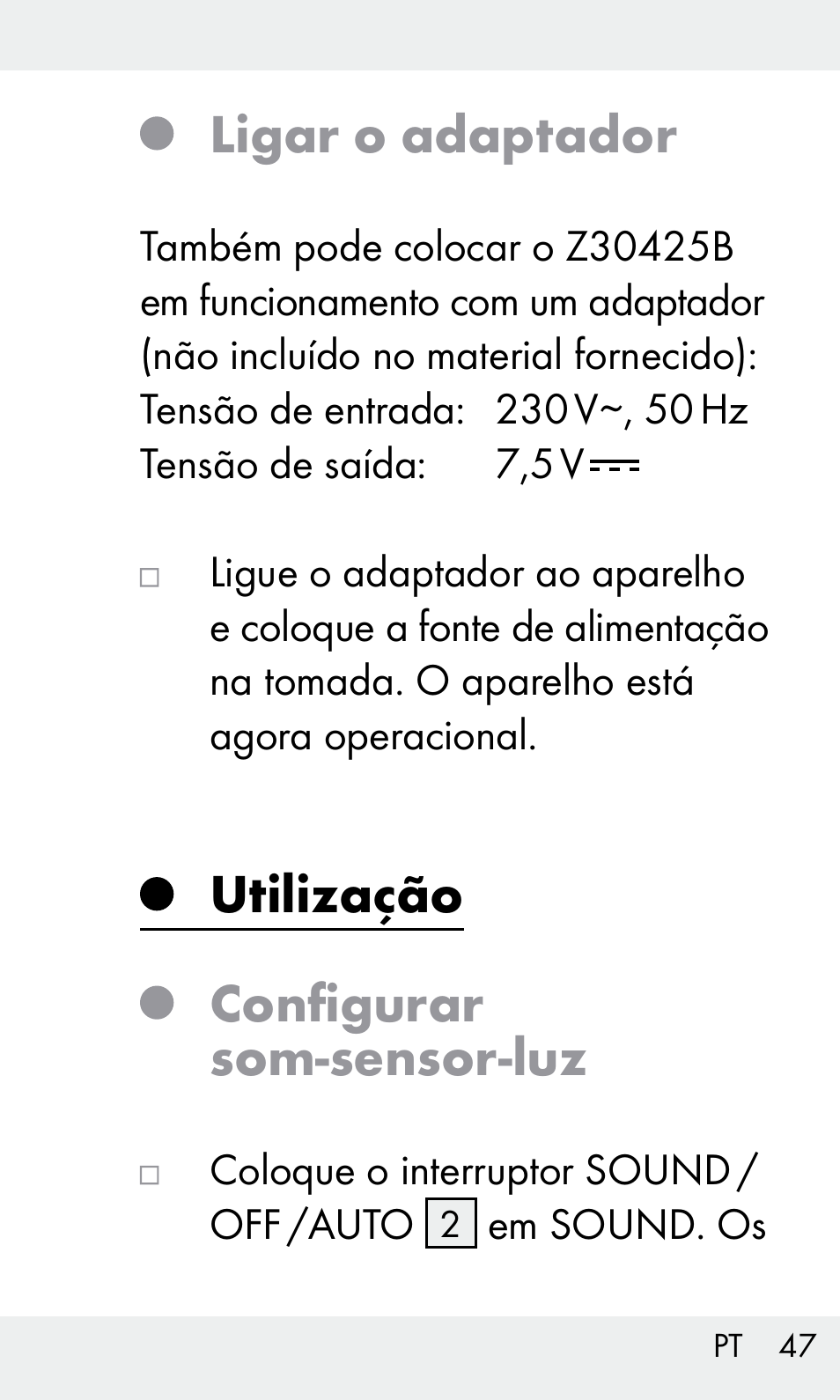 Ligar o adaptador, Utilização configurar som-sensor-luz | Livarno Z31603 User Manual | Page 47 / 84