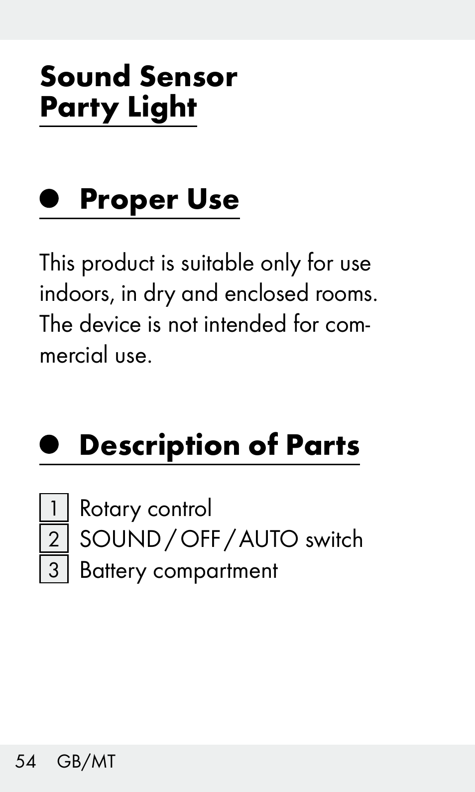 Sound sensor party light proper use, Description of parts | Livarno Z31603 User Manual | Page 54 / 84