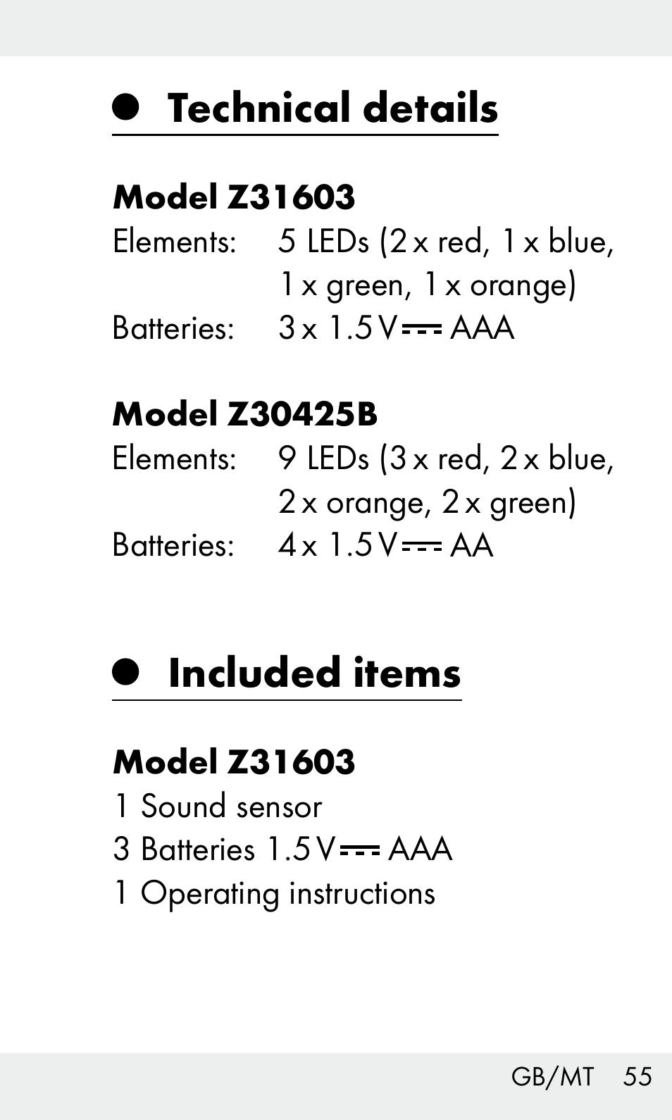 Technical details, Included items | Livarno Z31603 User Manual | Page 55 / 84