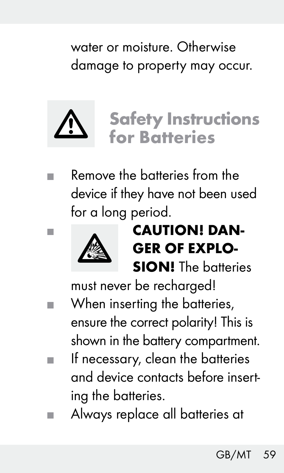 Safety instructions for batteries | Livarno Z31603 User Manual | Page 59 / 84