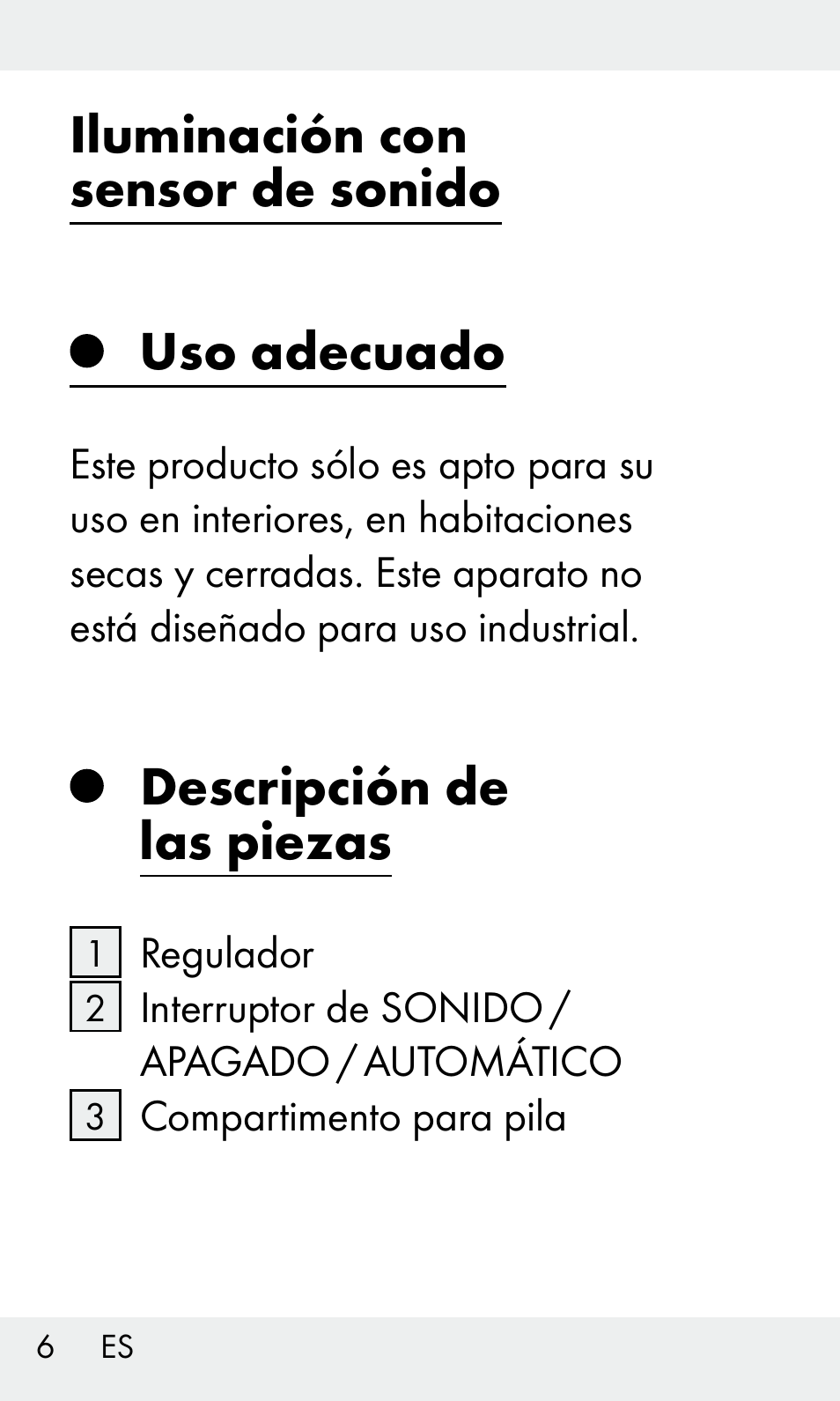 Iluminación con sensor de sonido uso adecuado, Descripción de las piezas | Livarno Z31603 User Manual | Page 6 / 84