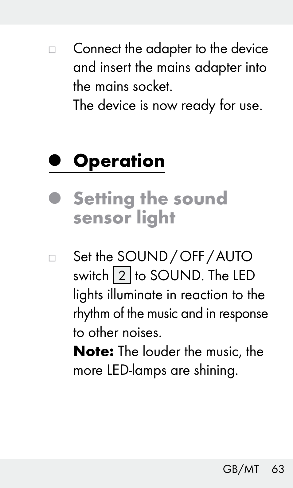 Operation setting the sound sensor light | Livarno Z31603 User Manual | Page 63 / 84