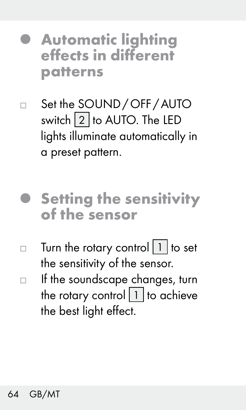 Automatic lighting effects in different patterns, Setting the sensitivity of the sensor | Livarno Z31603 User Manual | Page 64 / 84