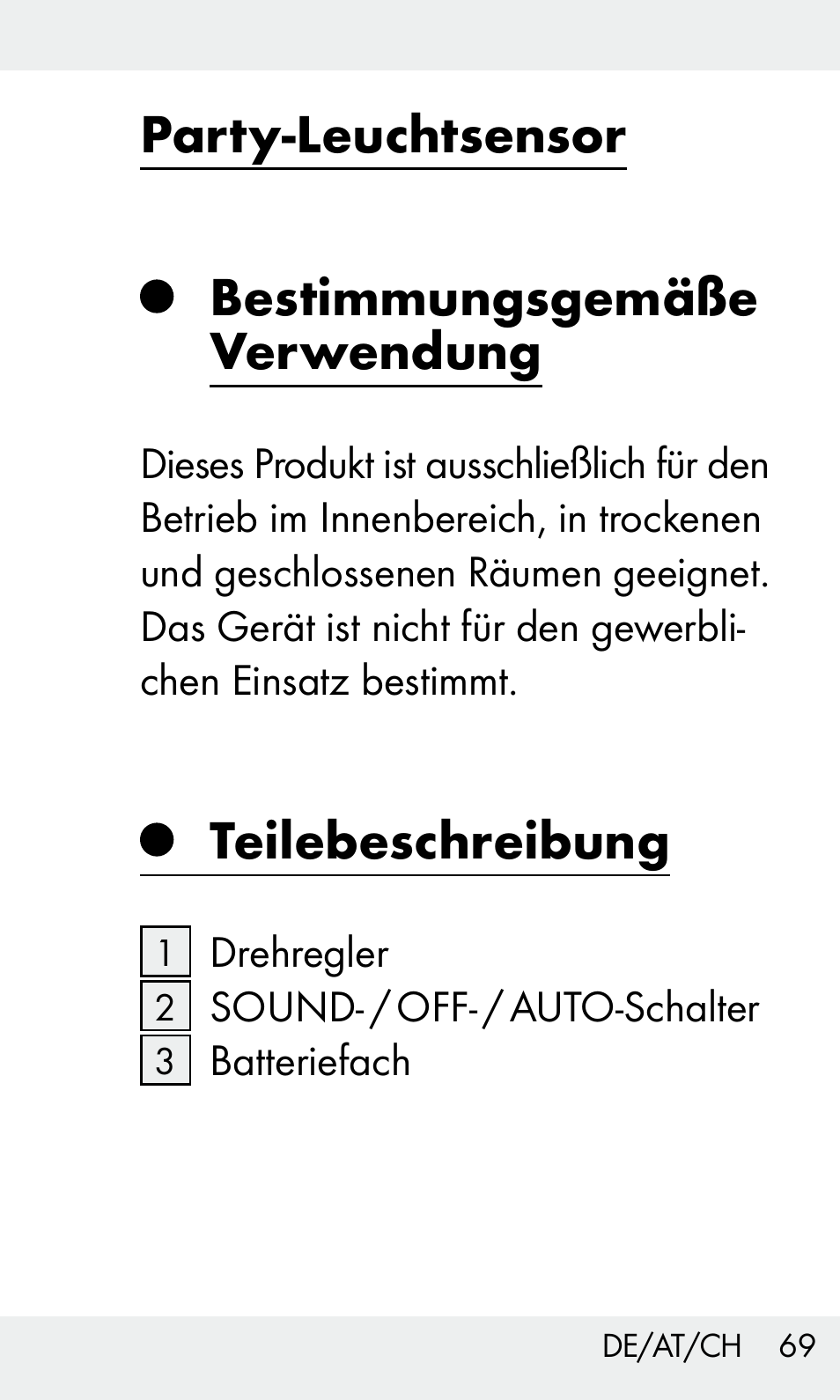 Party-leuchtsensor bestimmungsgemäße verwendung, Teilebeschreibung | Livarno Z31603 User Manual | Page 69 / 84