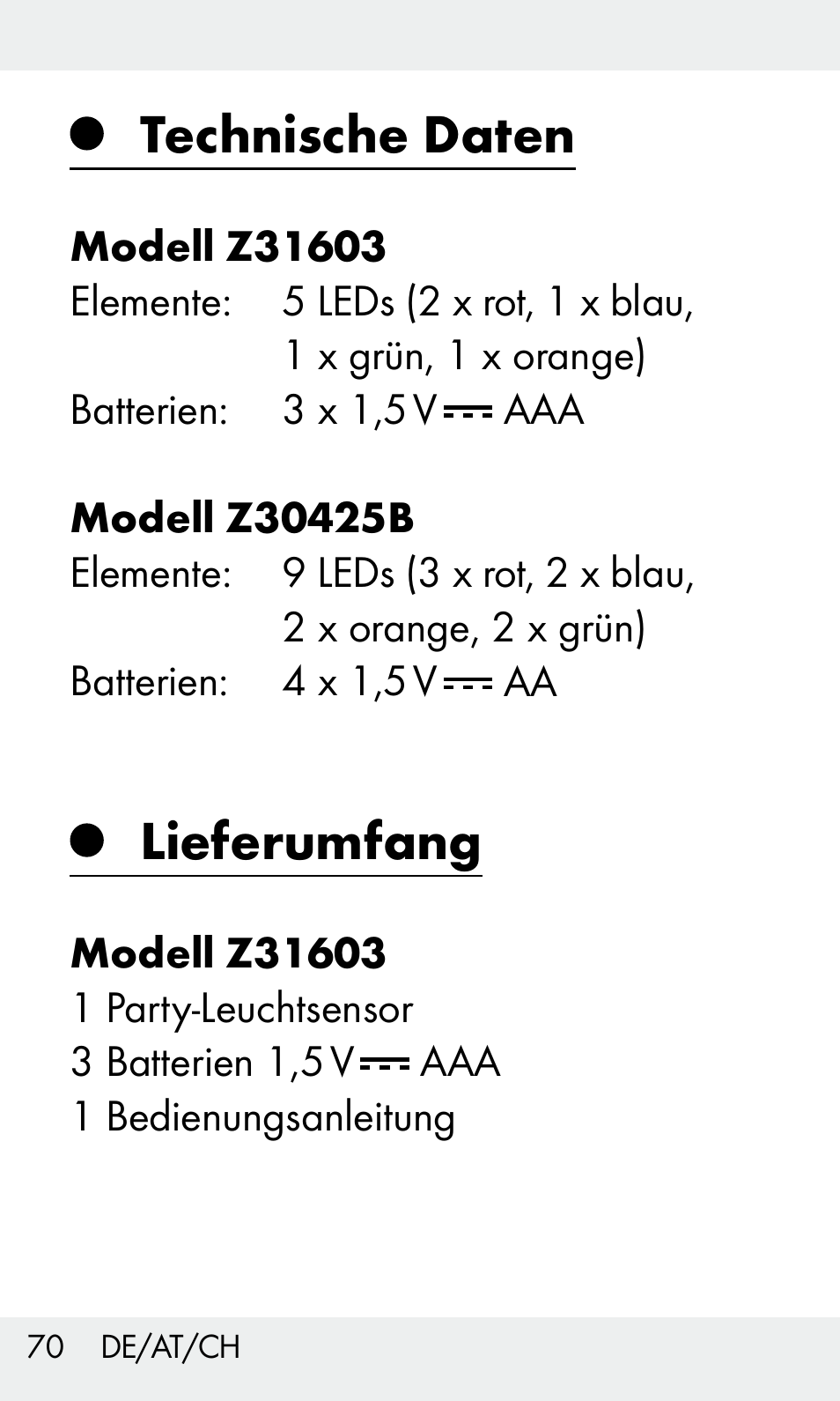 Technische daten, Lieferumfang | Livarno Z31603 User Manual | Page 70 / 84