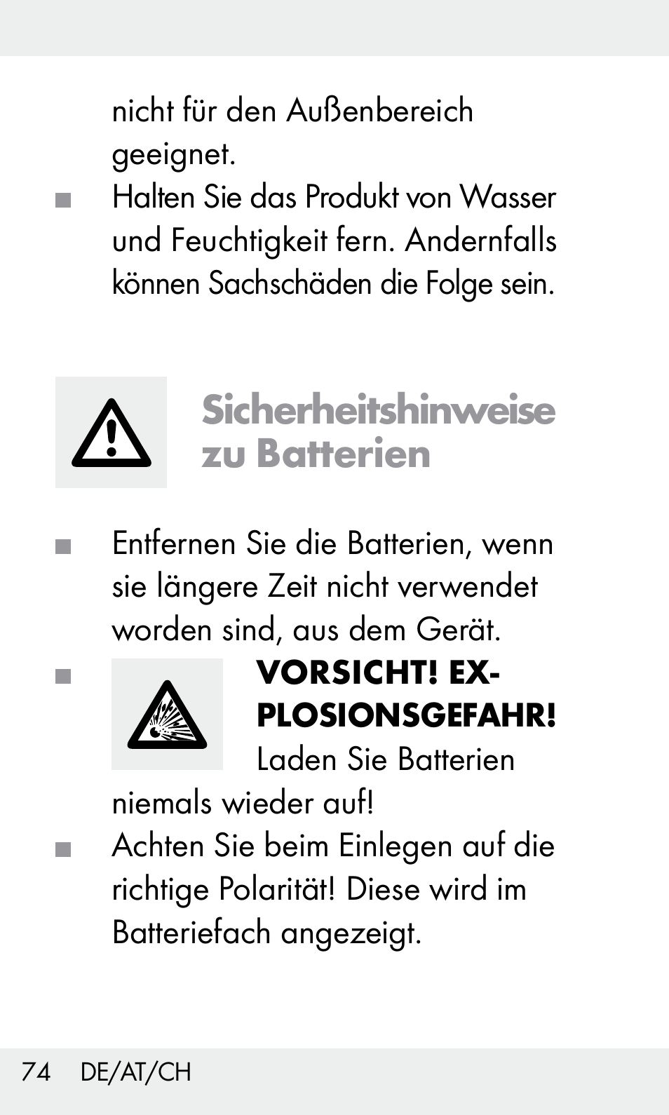 Sicherheitshinweise zu batterien | Livarno Z31603 User Manual | Page 74 / 84