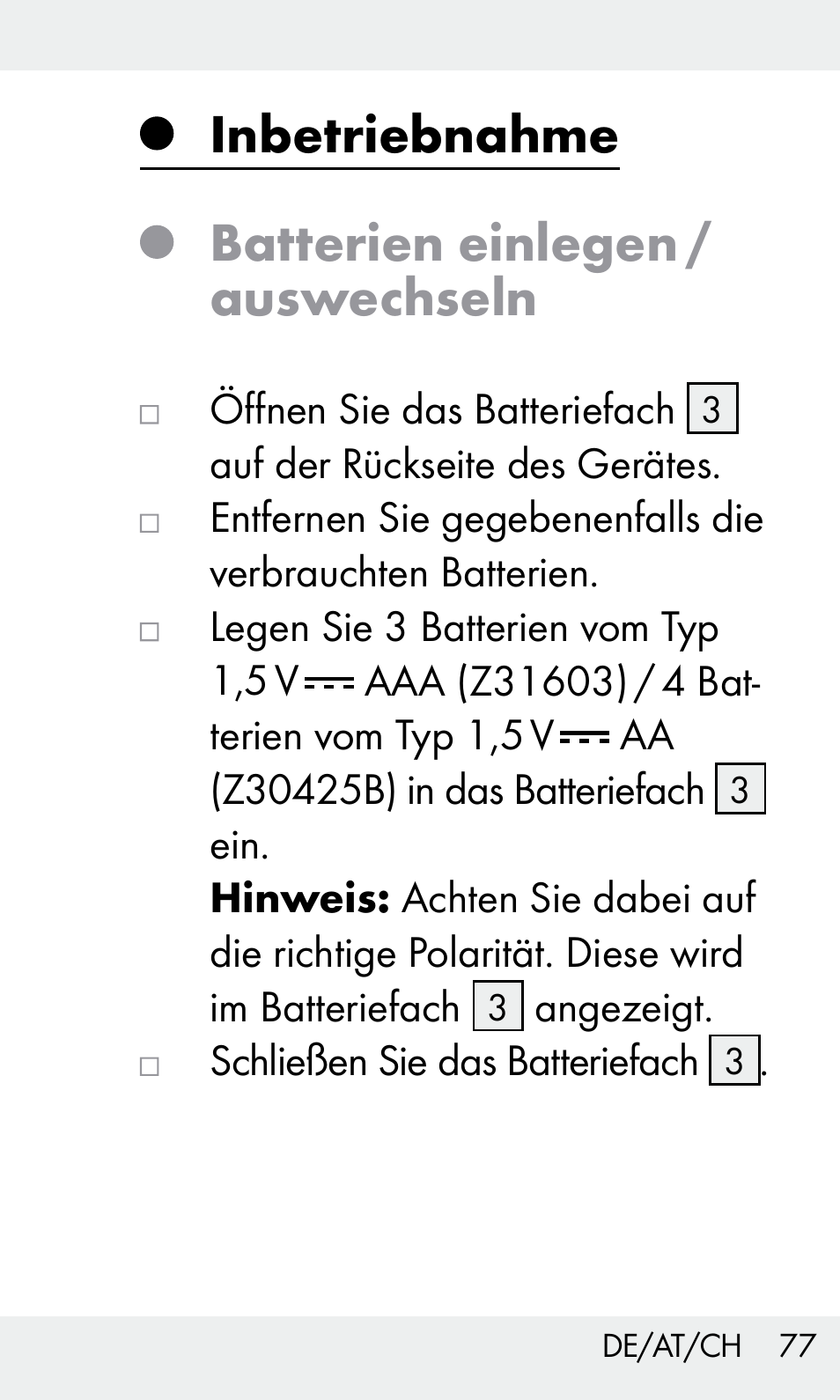 Inbetriebnahme batterien einlegen / auswechseln | Livarno Z31603 User Manual | Page 77 / 84